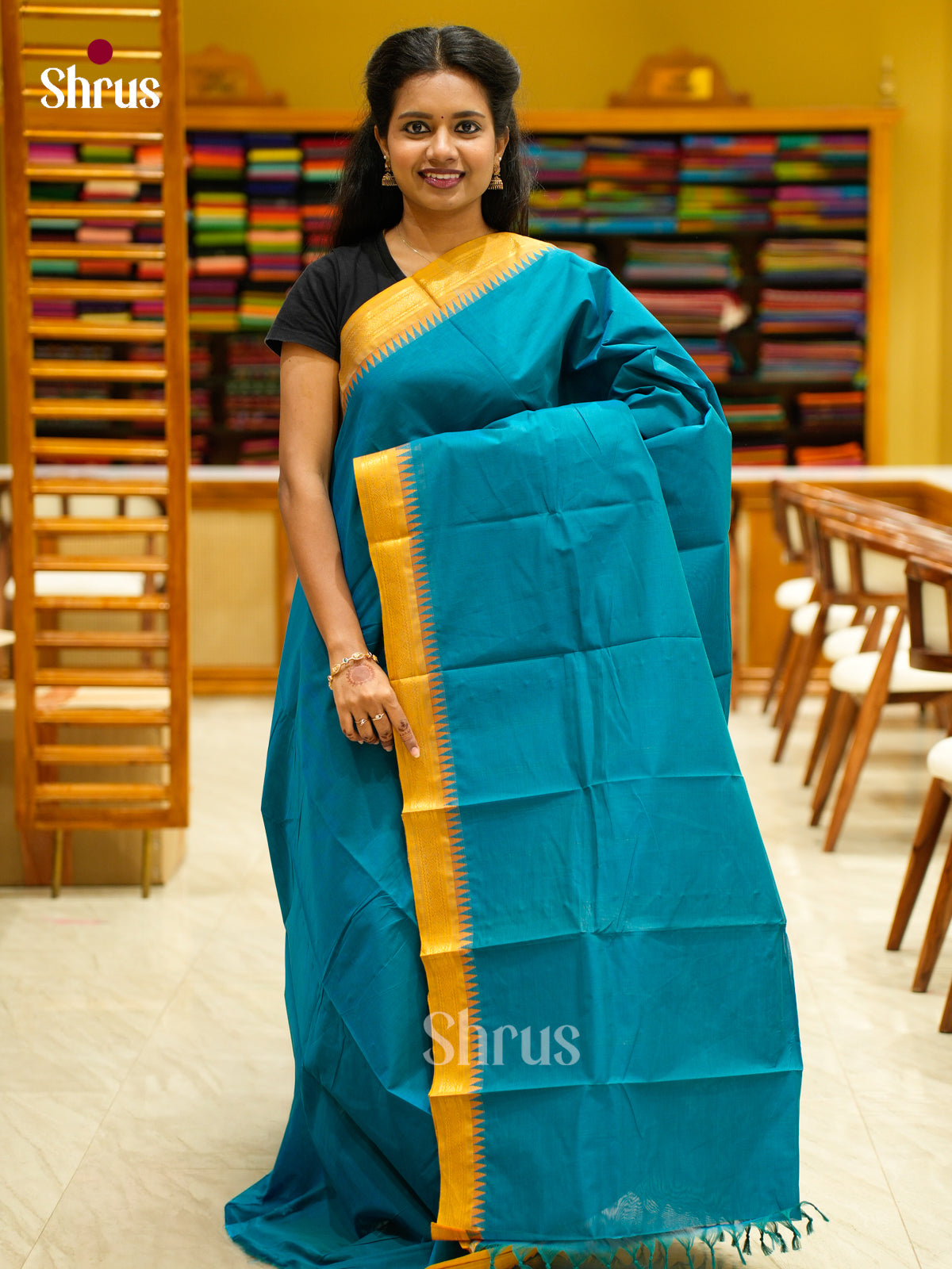 Vibrant Blue Chettinad Cotton Saree With Plain Body & Thin Yellow Temple Zari Border
