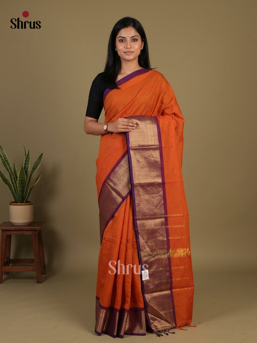 Vibrant Orange Chettinad Cotton Saree With Plain Body & Deep Purple Broad Zari Border