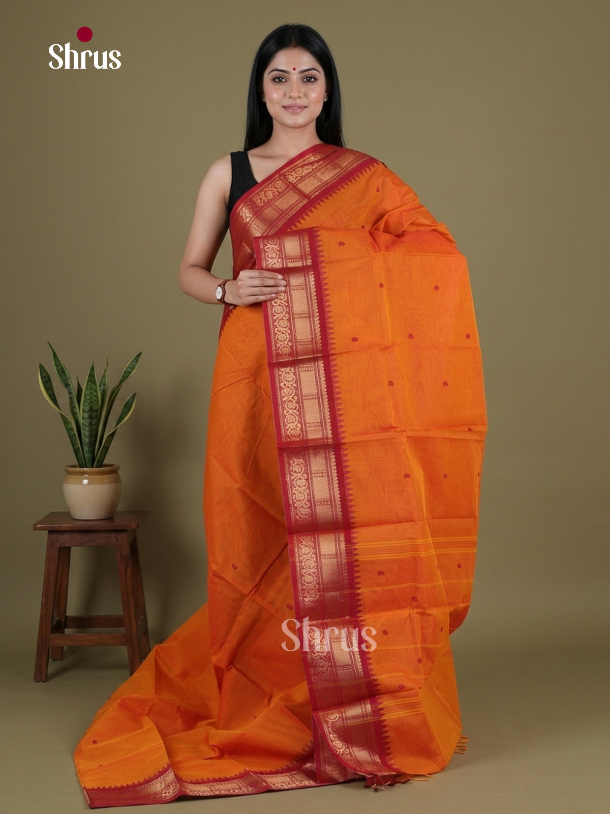 Vibrant Orange Chettinad Cotton Saree With Thread Buttas & Red Temple Zari Border