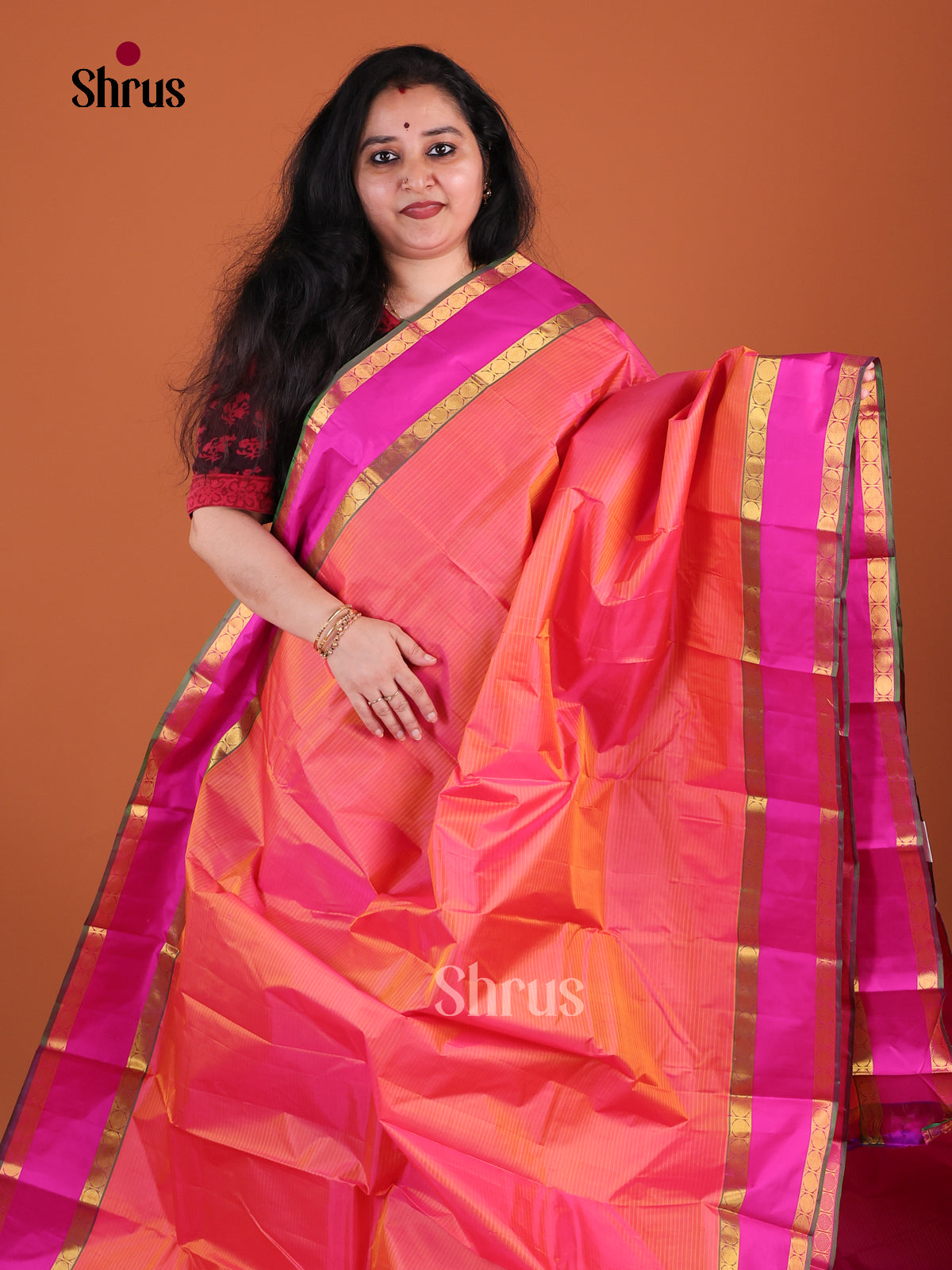 Vibrant Peach Kanchipuram Pattu Saree With Self Stripes | Rose Pink Rettapet Zari Border & Traditional Pallu