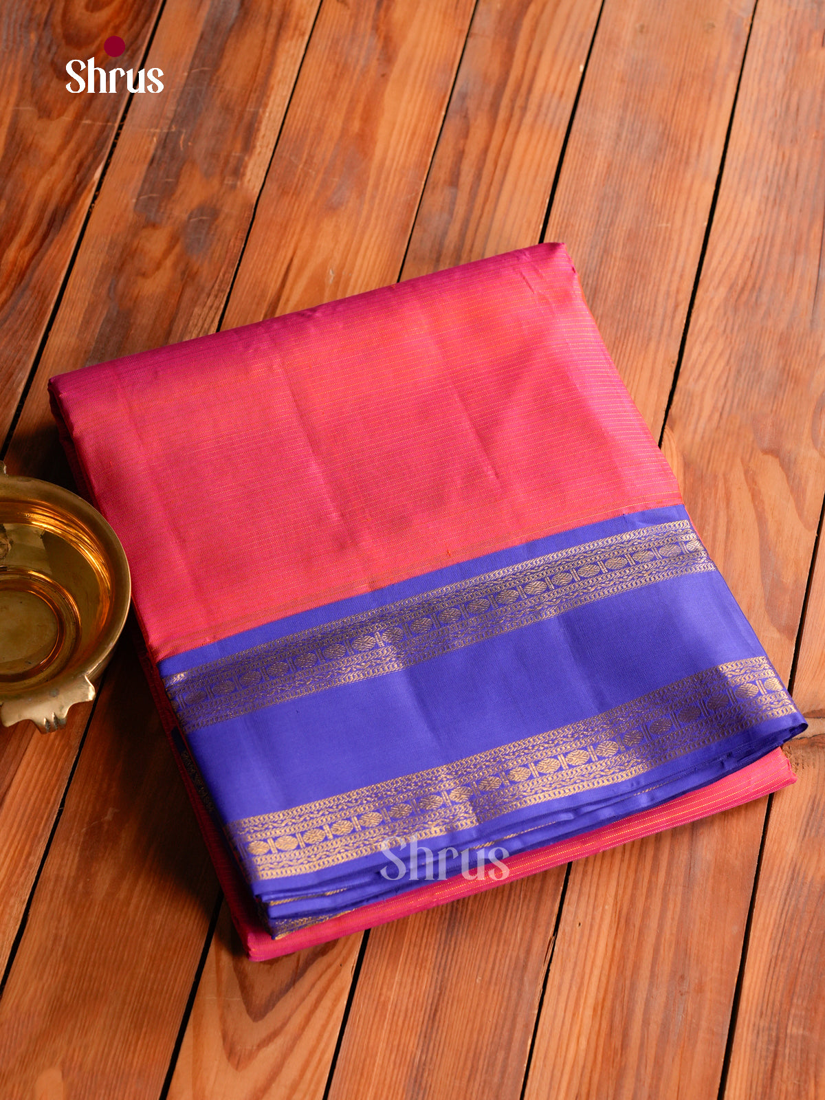 Vibrant Pink 9Yards Kanchipuram Saree With Fine Stripes | Royal Blue Rettapet Zari Border