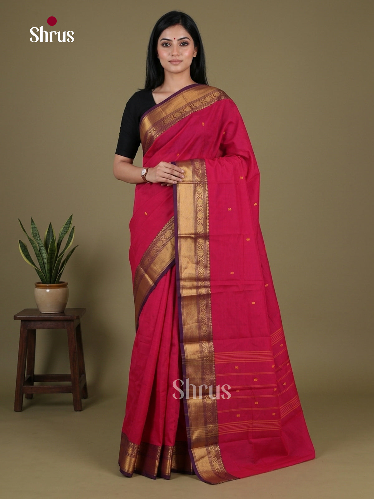 Vibrant Rani Pink Chettinad Cotton Saree With Thread Buttas & Purple Zari Border