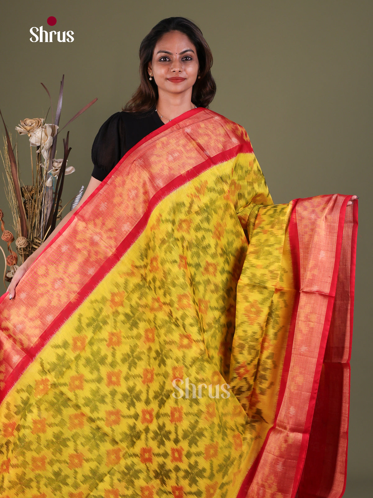Vibrant Yellow Pochampally Cotton Silk Saree With Geometric Ikat Prints & Red Floral Border