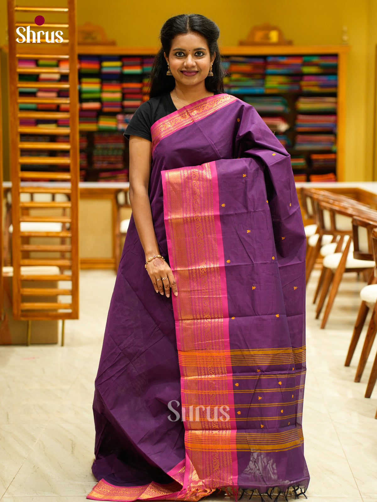 Vibrant Violet Chettinad Cotton Saree With Thread Diamond Buttas & Pink Zari Border