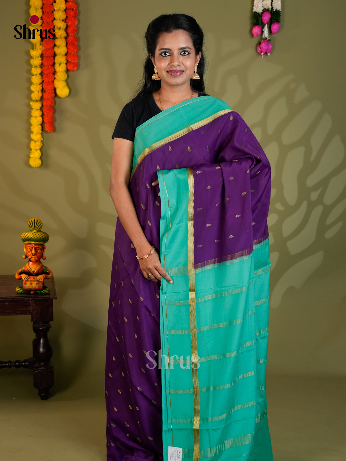 Buy Stunning Violet Mysore Silk Saree with Gold Zari Buttas & Teal Green Traditional Chit Pallu