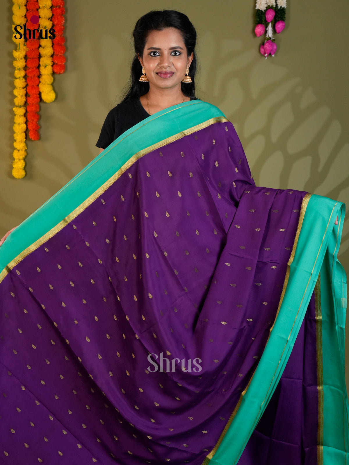 Buy Stunning Violet Mysore Silk Sarees with Gold Zari Buttas & Teal Green Traditional Chit Pallu