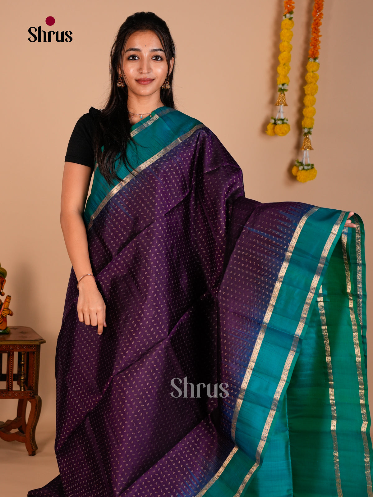 Buy Artistic Violet Pure Soft Silk Saree with Small Buttas, Teal Rettaipet Border & Brocade Pallu