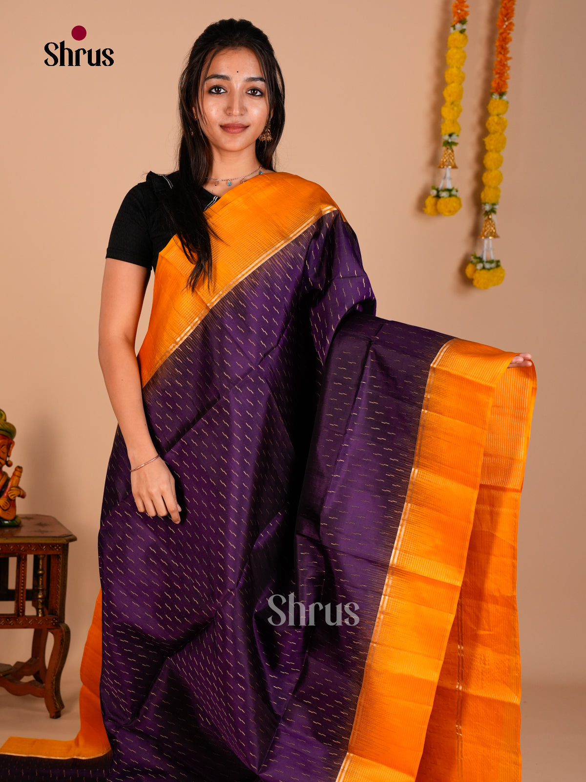 Buy Exquisite Violet Pure Soft Silk Saree with Stripes Butta, Mustard Striped Border & Zari Brocade Pallu