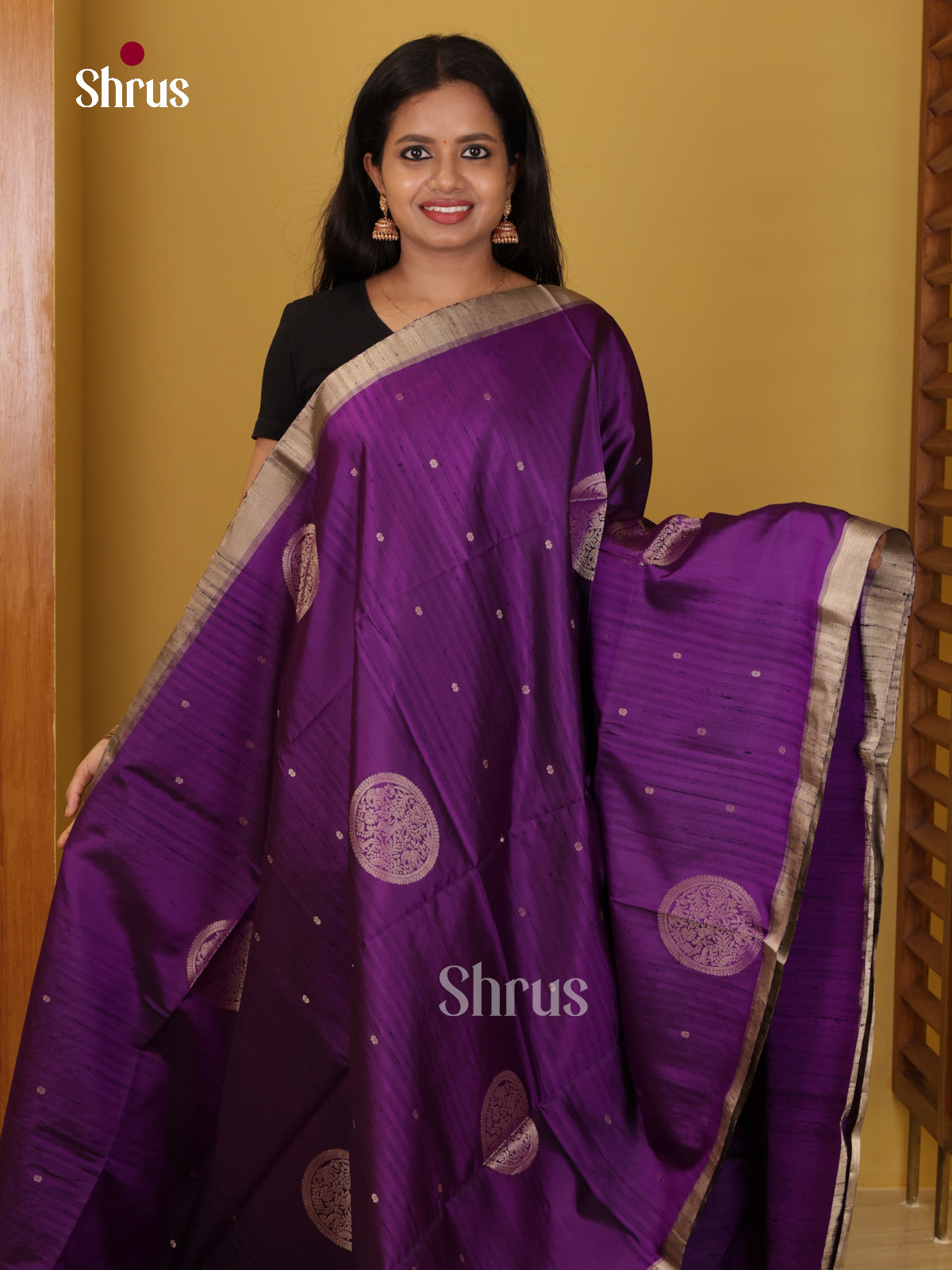 Buy Majestic Violet Soft Silk Sarees With Golden Circular Motifs, Zari Woven Border & Brocade Pallu