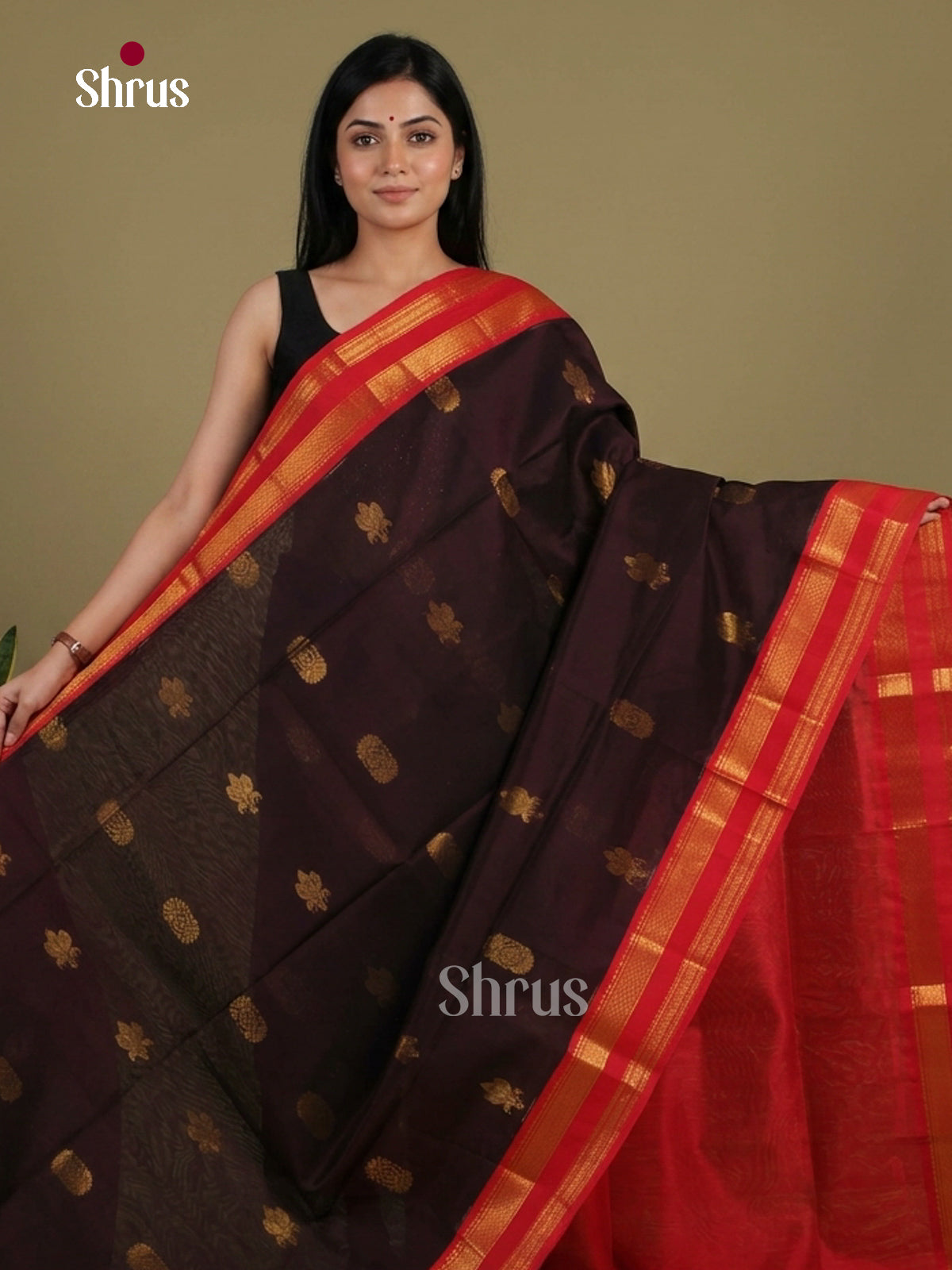 Vivacious Jamun Silk Cotton Saree with Gold Floral Motifs & Reddish Orange Rettaipet Border 1