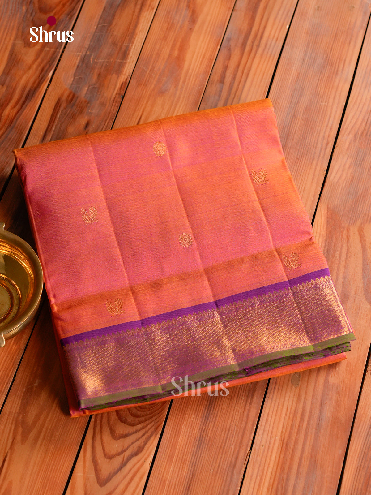 Vivid Dual Tone Orange 9Yards Kanchipuram Saree With Gold Buttas | Purple Zari Border & Pallu