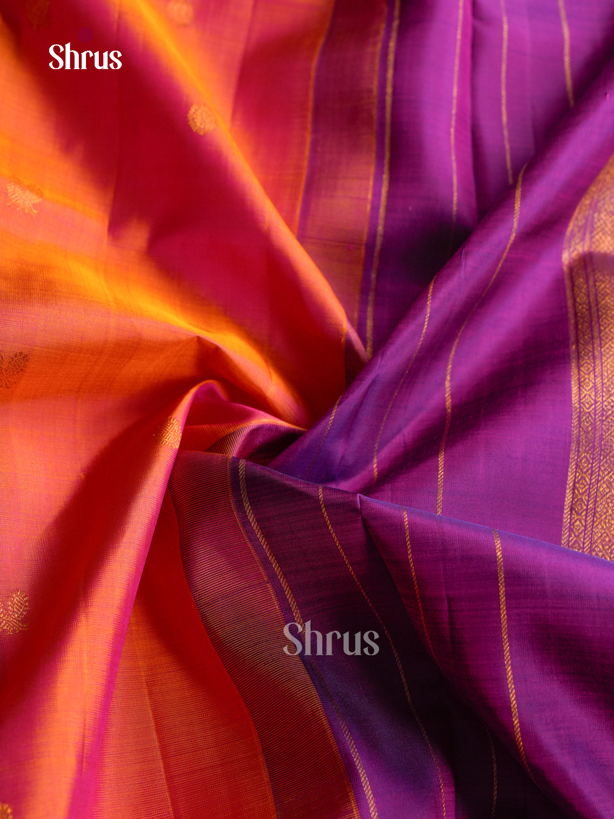 Vivid Dual Tone Orange 9Yards Silk Sarees With Gold Buttas | Purple Zari Border & Pallu