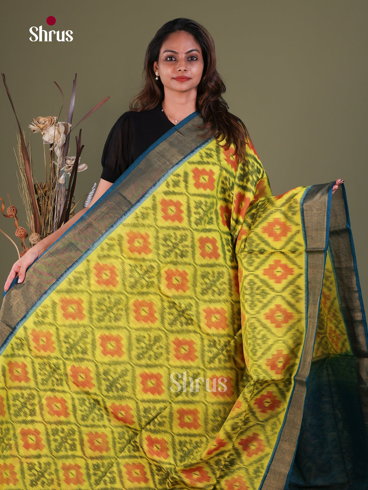 Vivid Lemon Yellow Pochampally Cotton Silk Saree With Floral Ikat Prints & Teal Zari Border