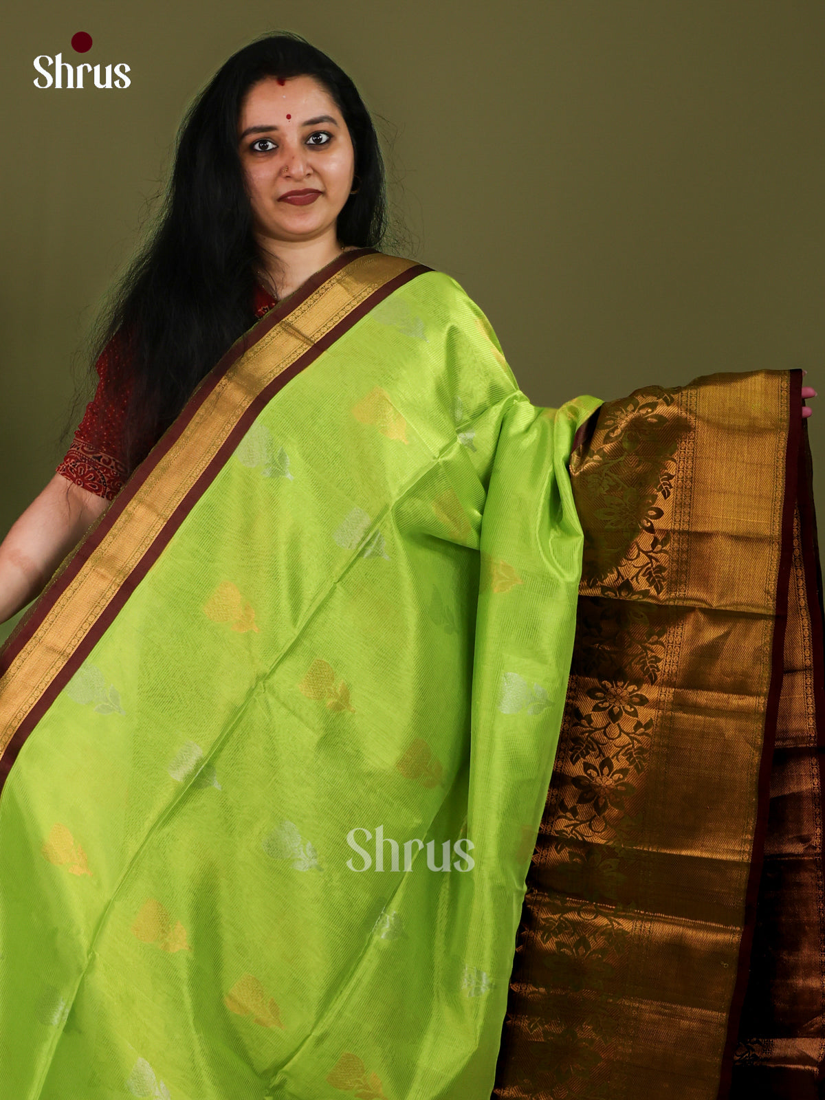 Vivid Lime Green Cotton Silk Saree With Fine Lines, Gold & Silver Floral Motifs & Deep Maroon Broad Zari Border 1
