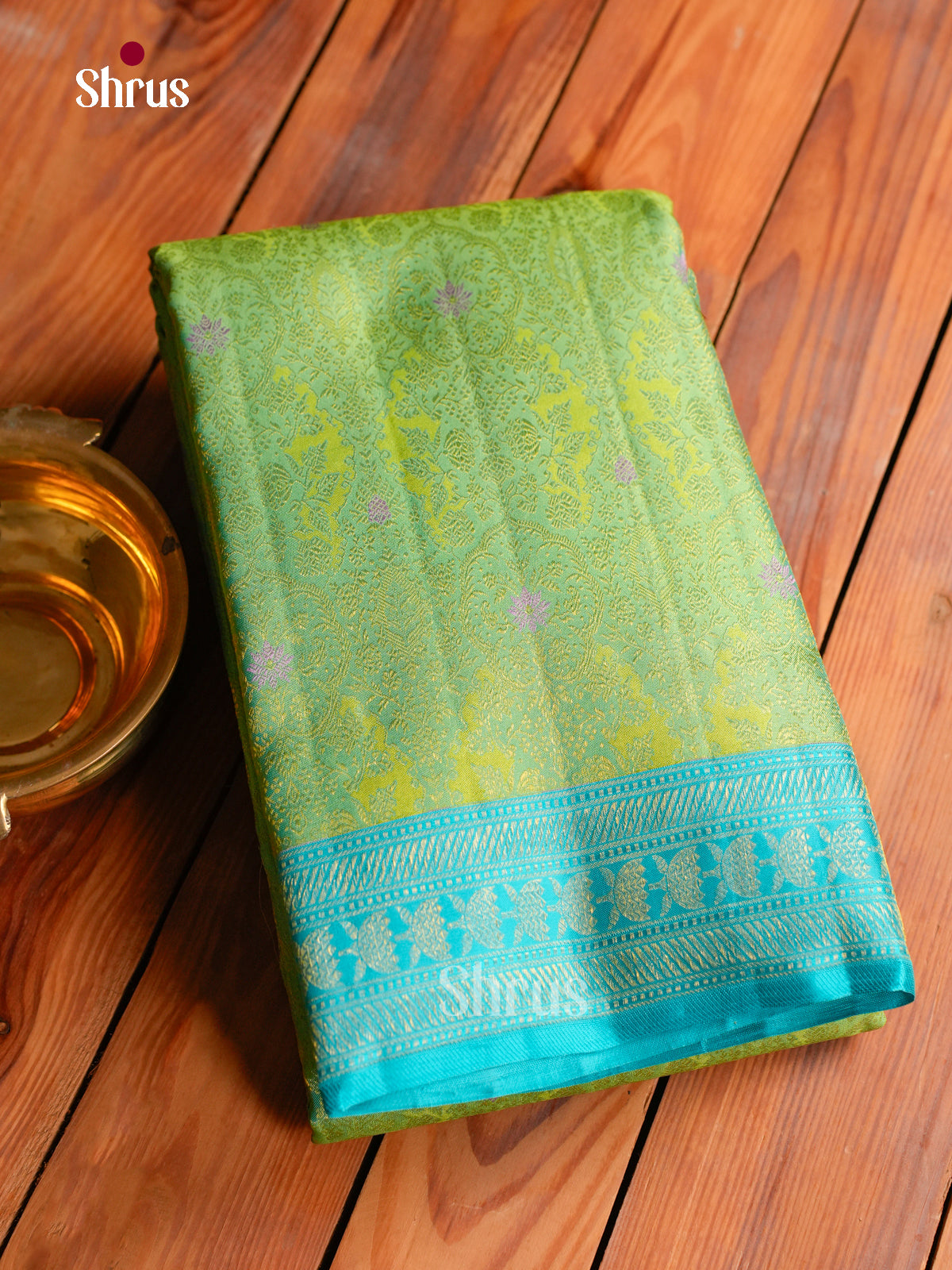 Vivid Lime Green Kanchipuram Silk Saree With Floral Jaal Brocade & Aqua Blue Zari Border