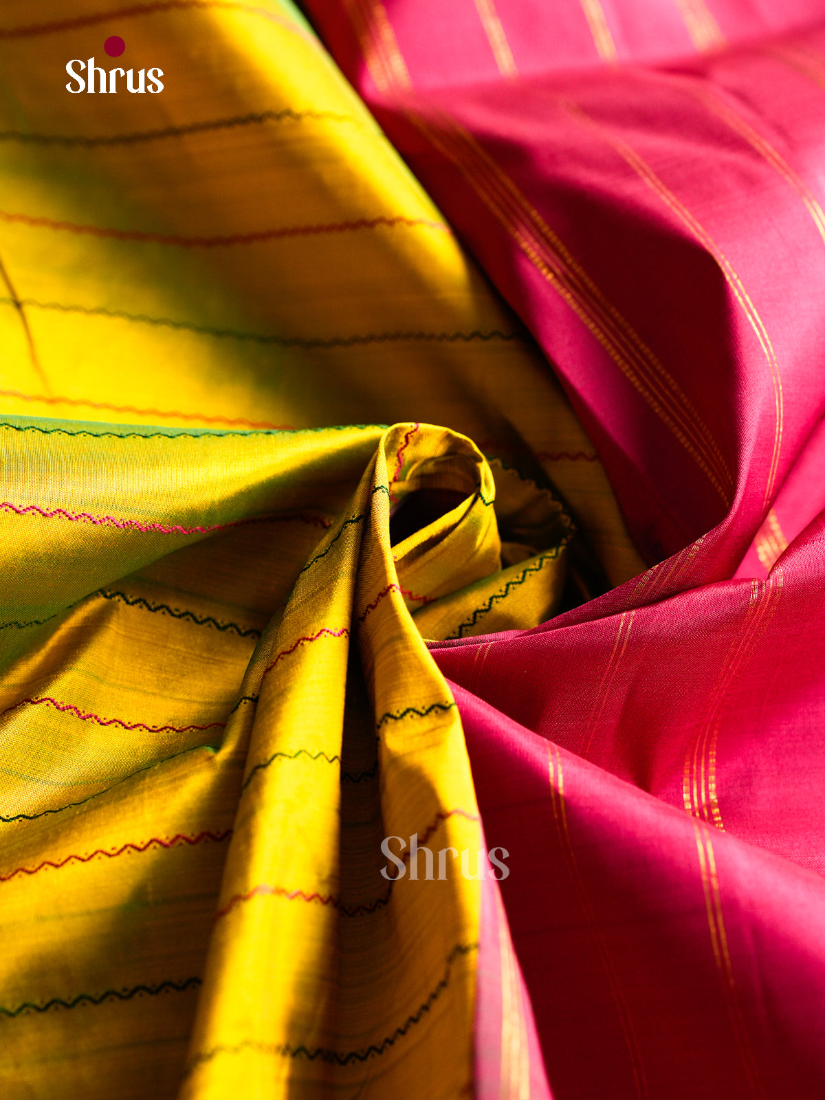 Vivid Lime Green Silk Saree With Multi-Coloured Thread Wavy Stripes | Dark Pink Traditional Zari Border