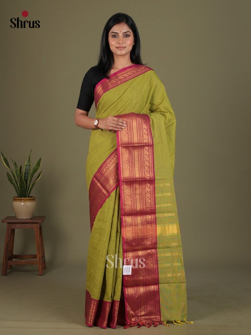 Vivid Olive Green Chettinad Cotton Saree With Plain Body & Magenta Broad Zari Border
