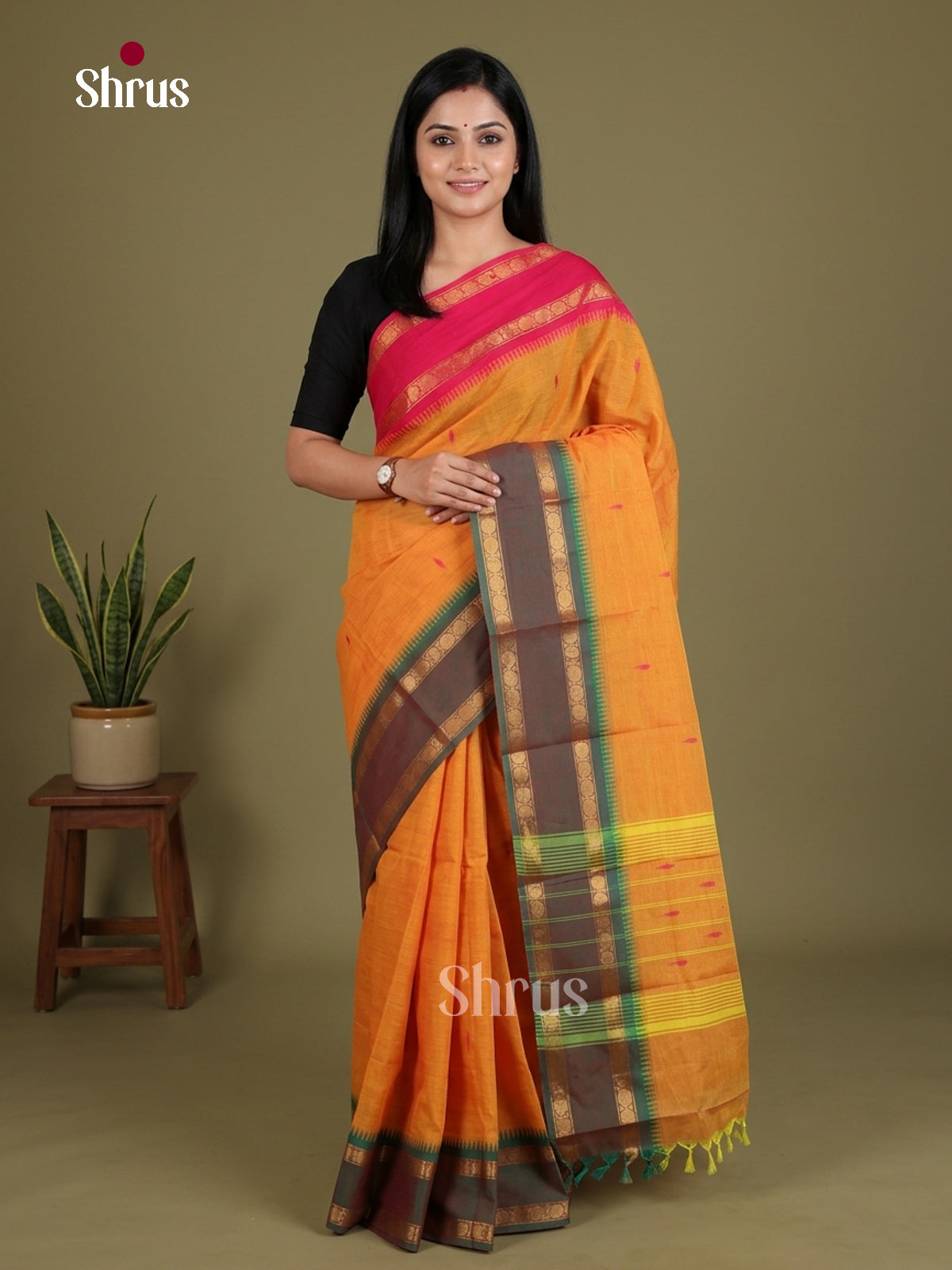 Vivid Orange Chettinad Cotton Saree With Thread Buttas & Ganga Jamuna Rettapet Zari Border