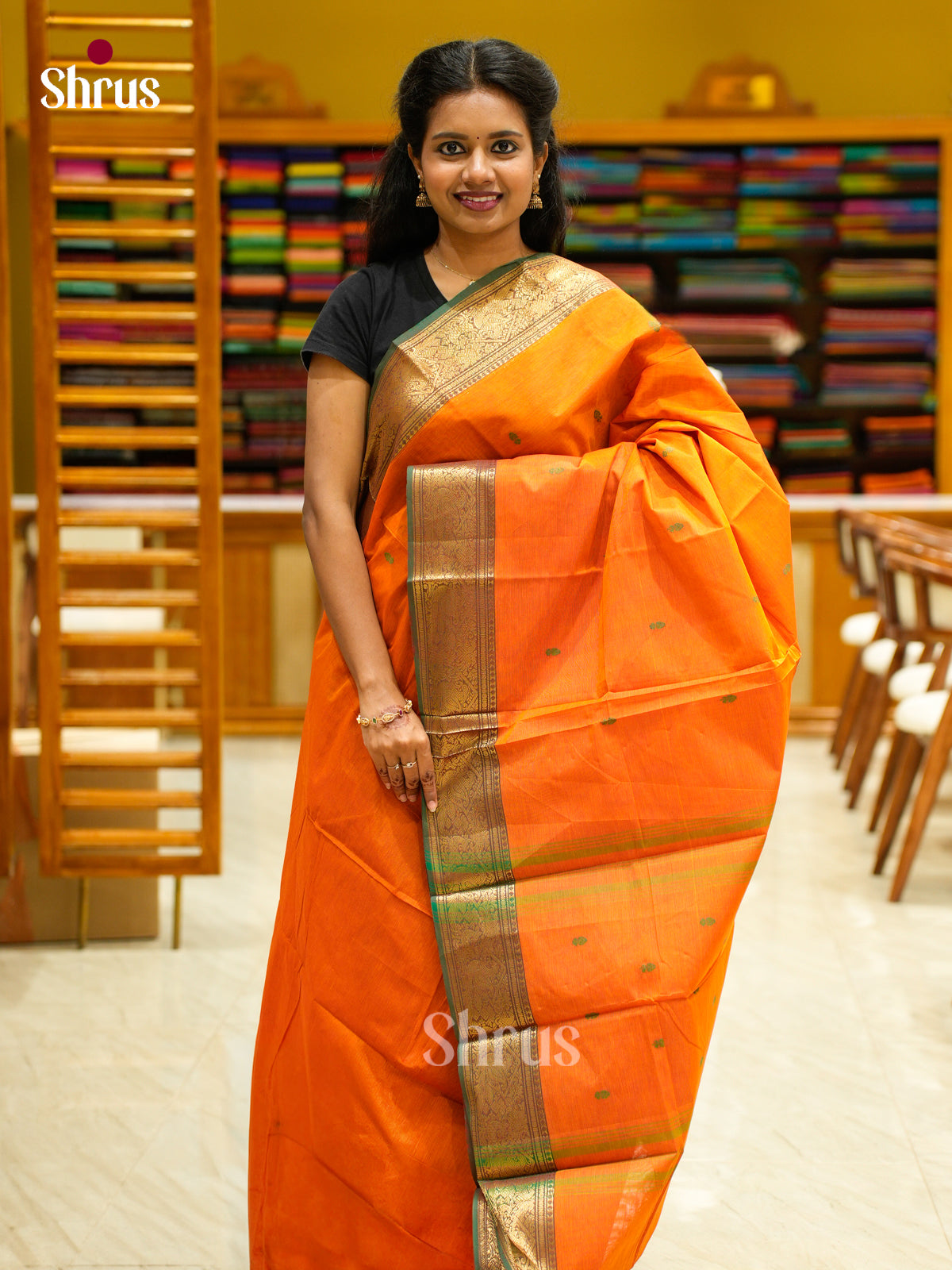 Vivid Orange Chettinad Cotton Saree With Thread Buttas & Olive Green Zari Border