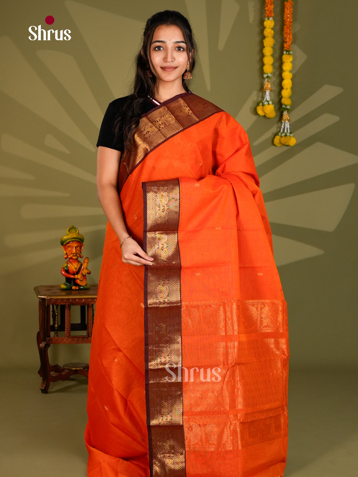 Vivid Orange Chettinad Cotton Saree With golden Buttas & Brown Temple Border With Zari Bands
