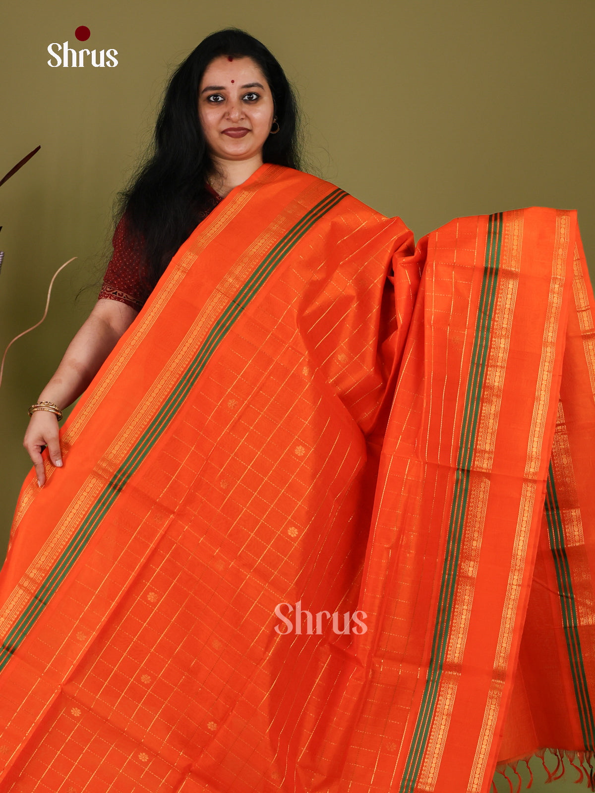 Vivid Orange Cotton Silk Saree With Golden Checks, Buttas, Self Rettapet Border & Traditional Pallu 1