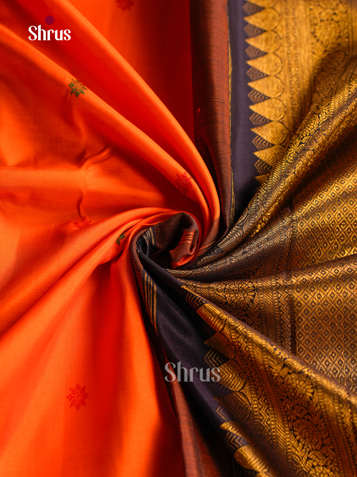 Vivid Orange Kanchipuram Pattu Sarees With Thread Buttas & Black Rettapet Zari Border With Maroon Band