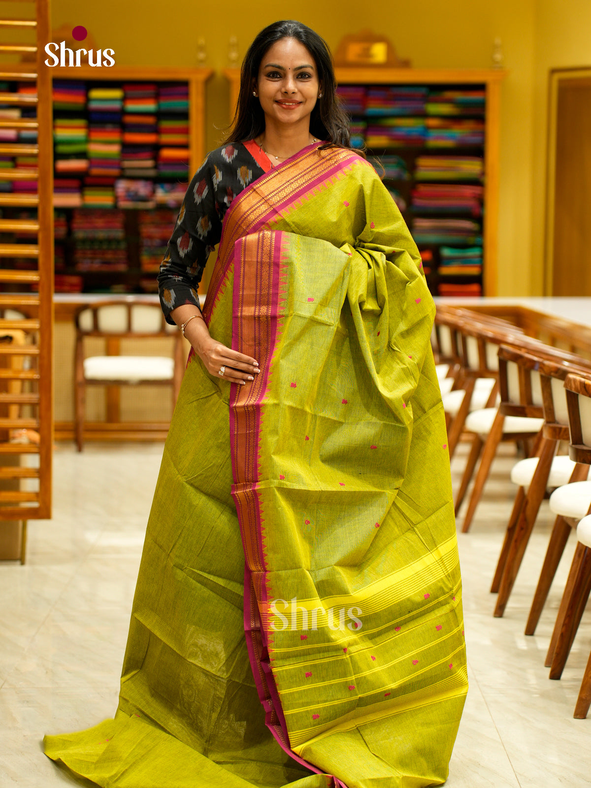 Vivid Parrot Green Chettinad Cotton Saree With Thread Buttas & Pink Temple Zari Border