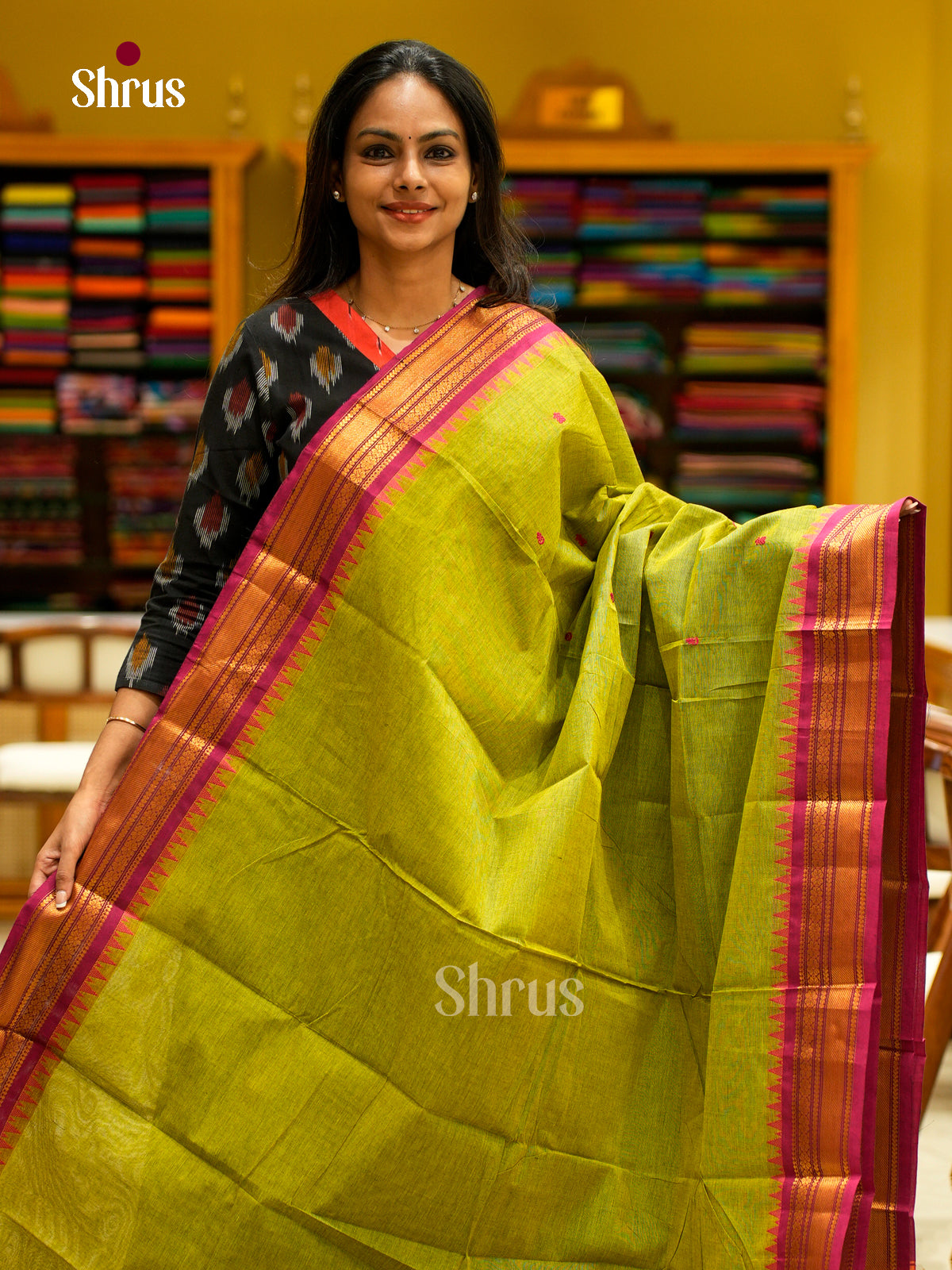 Vivid Parrot Green Chettinad Cotton Sarees With Thread Buttas & Pink Temple Zari Border