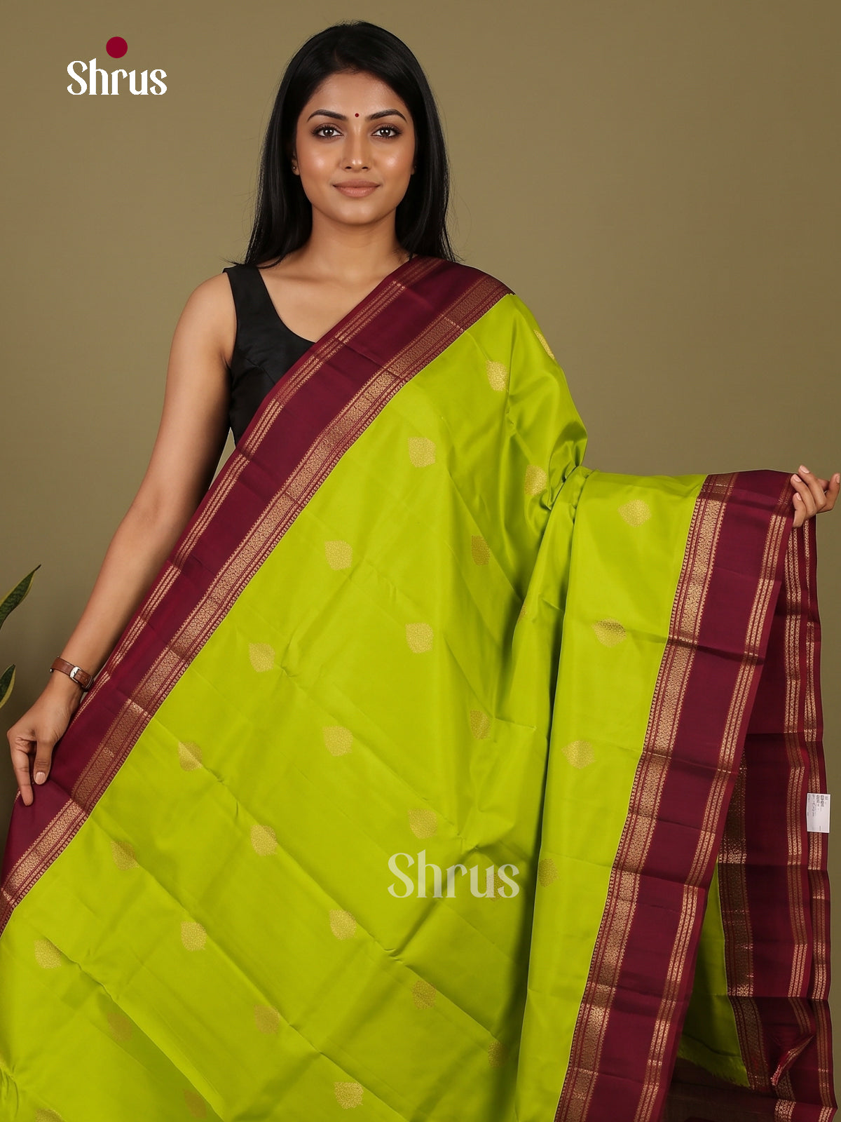 Vivid Parrot Green Kanchipuram Saree with Thilagam Buttas & Maroon Rettaipet Border 1