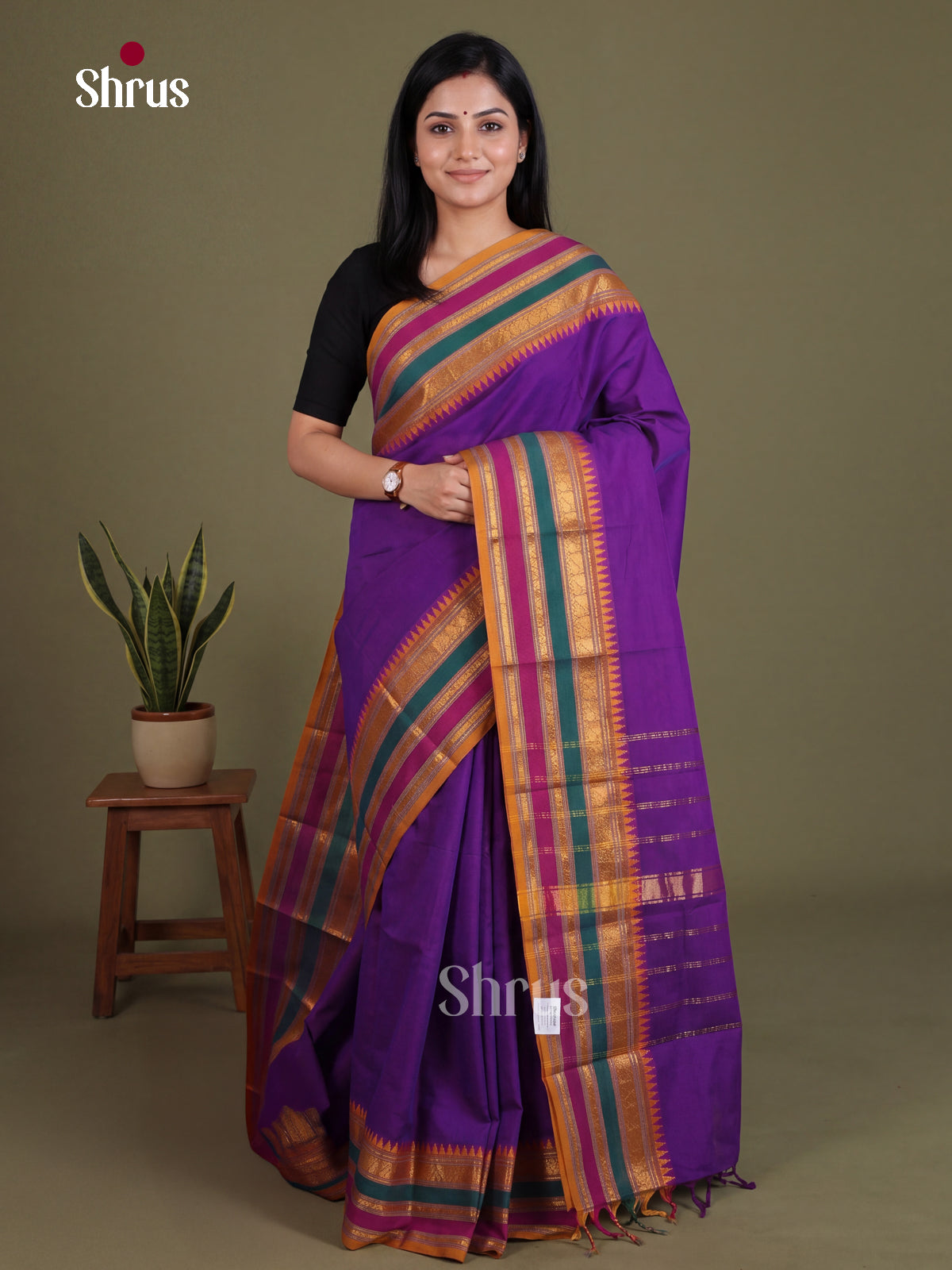 Vivid Purple Chettinad Cotton Saree With Multicoloured Temple Zari Border & Pallu