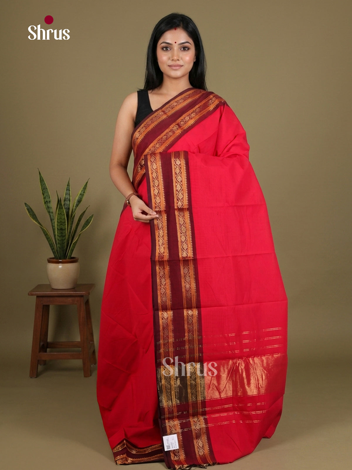 Vivid Red Chettinad Cotton Saree With Maroon Rettapet Zari Border & Traditional Pallu