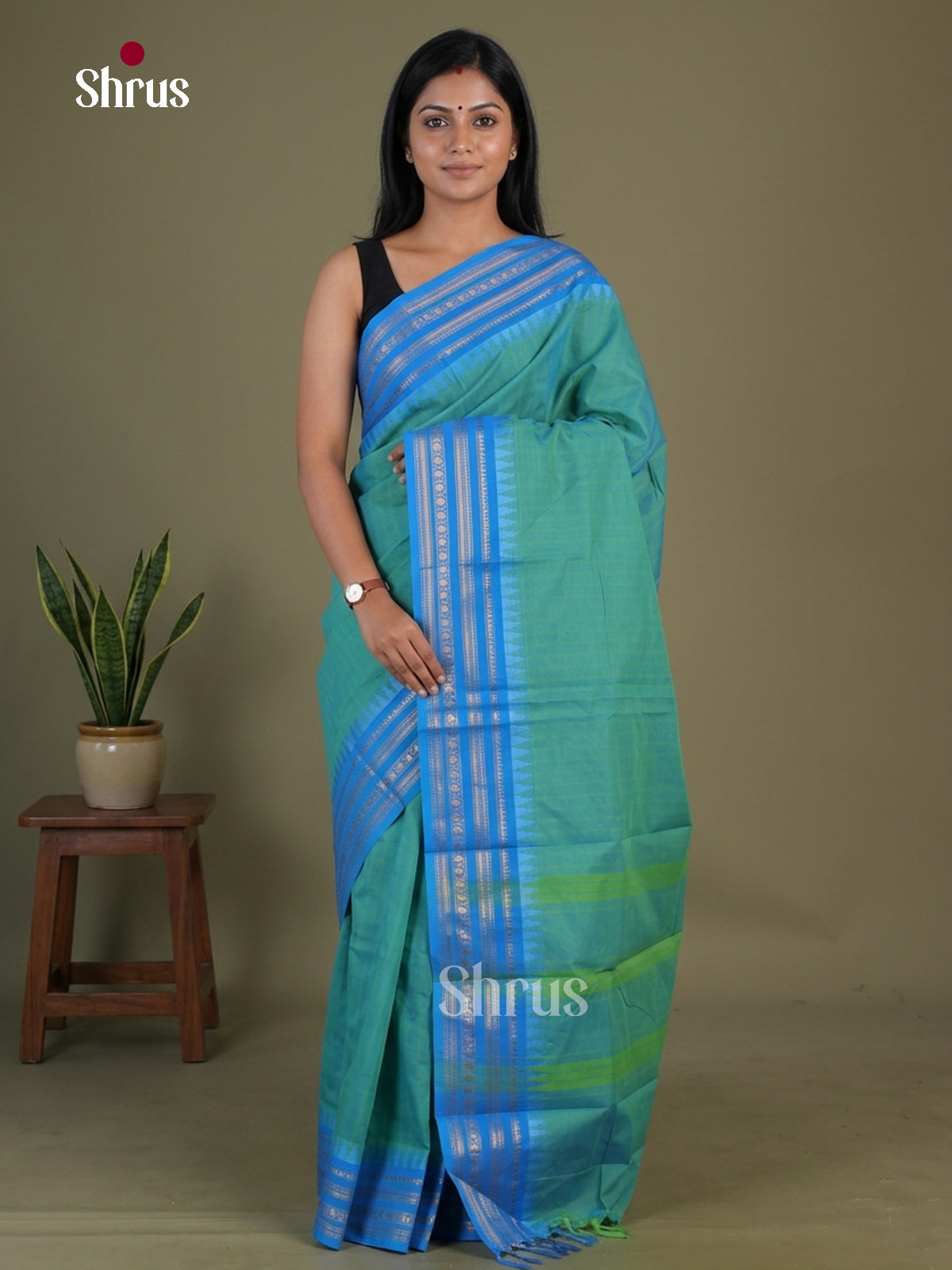 Vivid Sea Green Chettinad Cotton Saree With Stripes & Light Blue Temple Zari Border