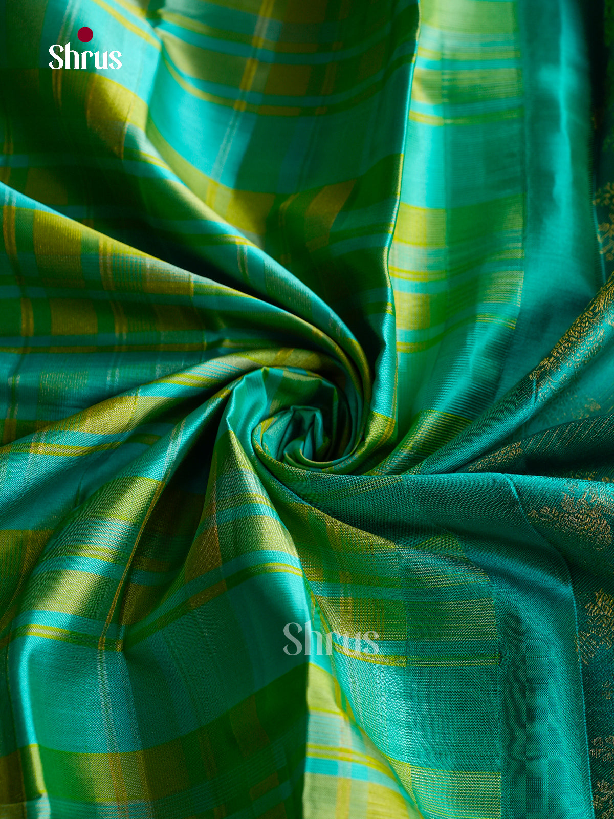 Vivid Sea Green Silk Saree With Bold Checks & Teal Border With Floral Vines
