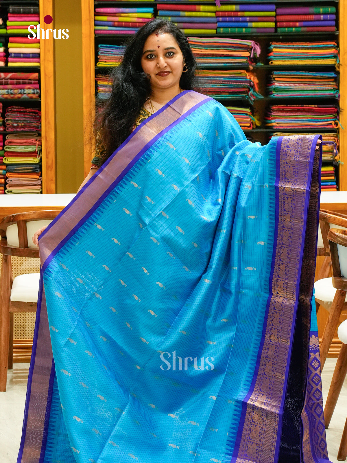Vivid Sky Blue Soft Silk Sarees with Checks & Manga Buttas | Indigo Blue Temple Zari Border