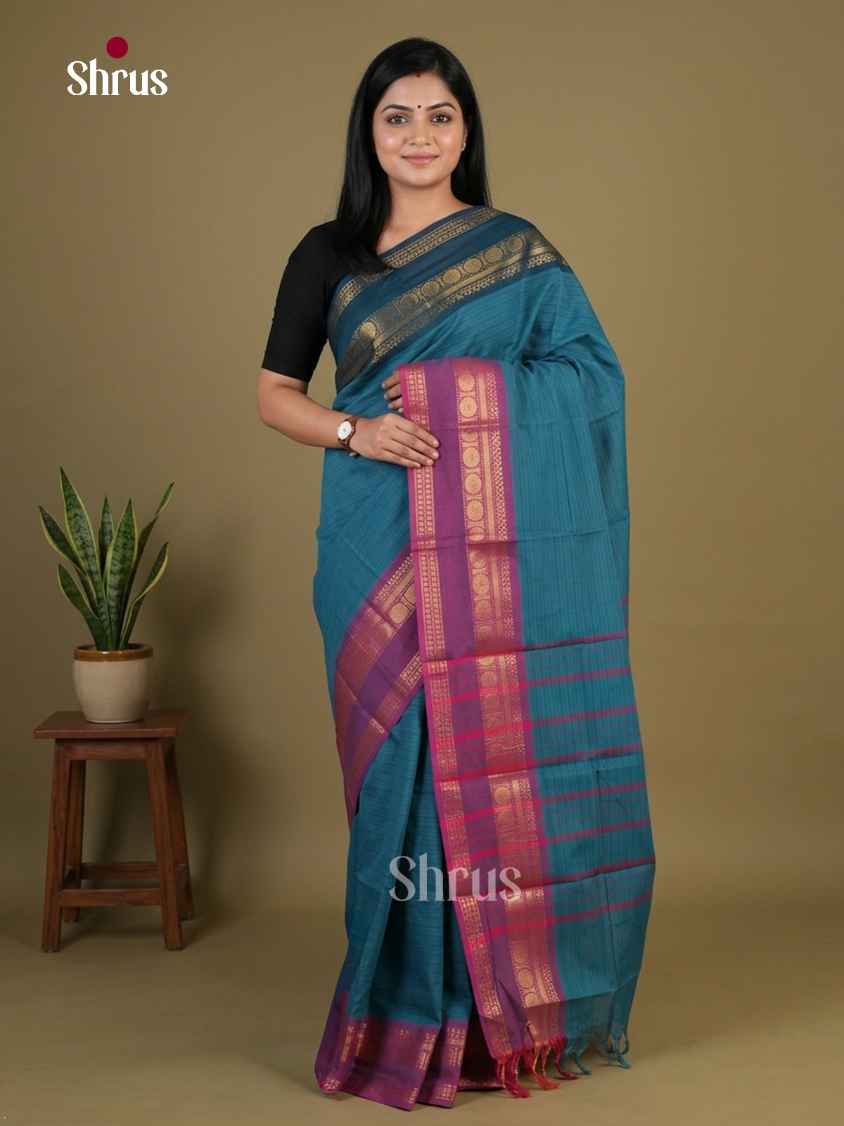 Vivid Teal Chettinad Cotton Saree With Stripes, Ganga Jamuna Zari Border & Traditional Pallu