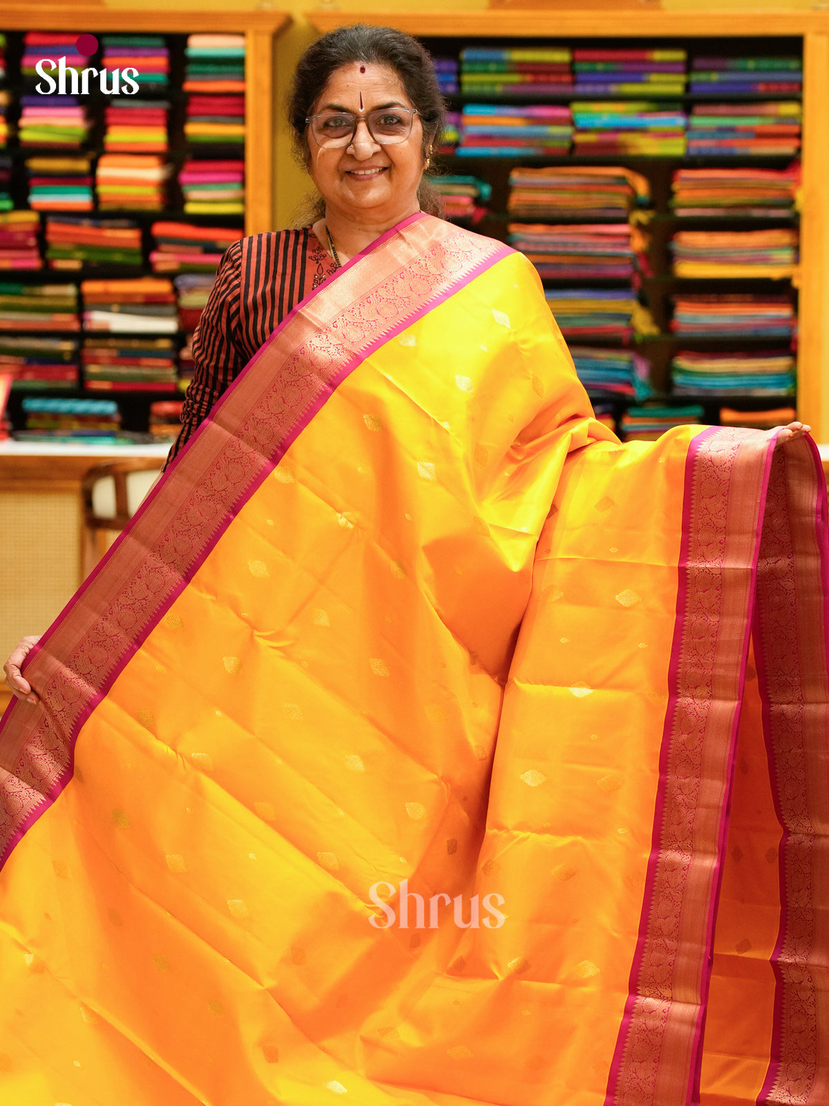 Vivid Yellow Kanchipuram Saree With Zari Buttas | Pink Temple Zari Border & Brocade Pallu
