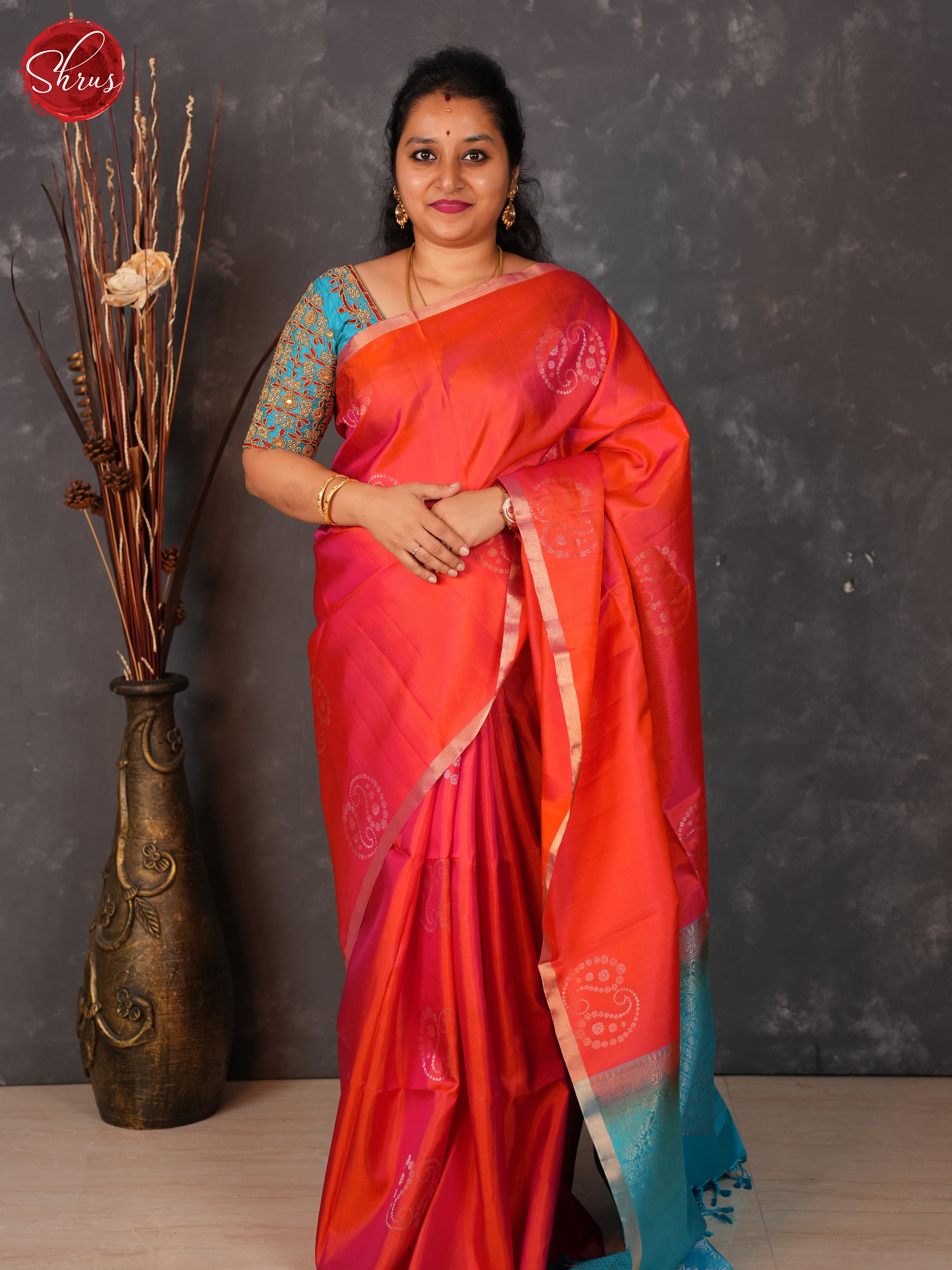 Orange & Blue - Soft Silk Saree - Shop on ShrusEternity.com
