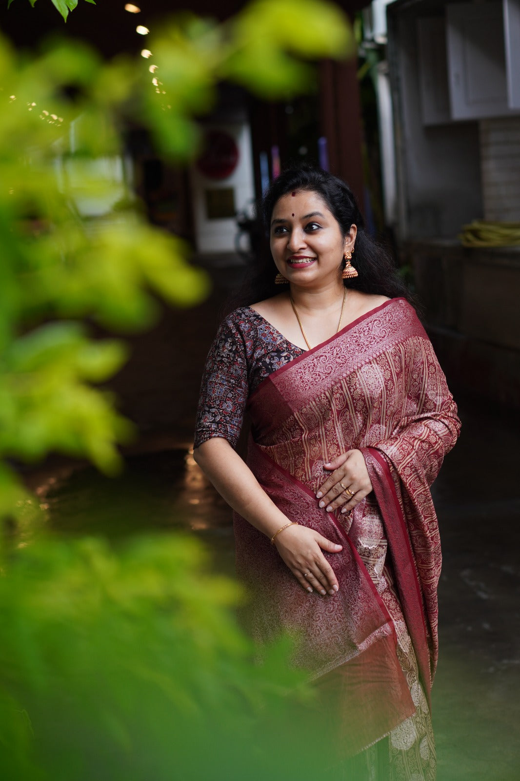 Maroon (Single Tone) - Chanderi saree with Block Printing work - Shop on ShrusEternity.com