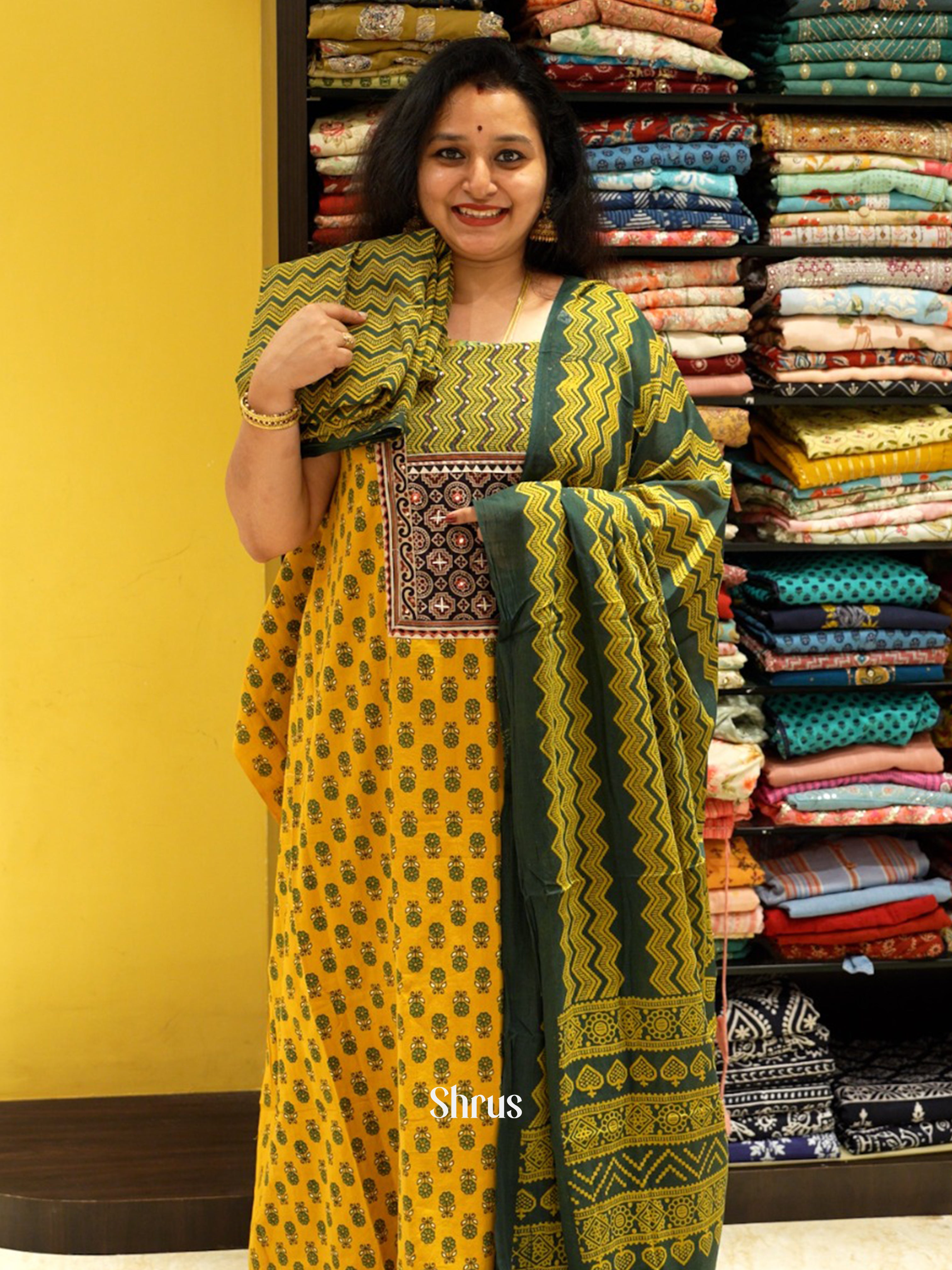 Yellow and Green - Ajrakh Salwar - Shop on ShrusEternity.com