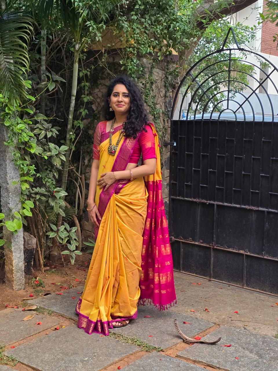 Mustard & Reddish Pink - Kalyani Cotton - Shop on ShrusEternity.com