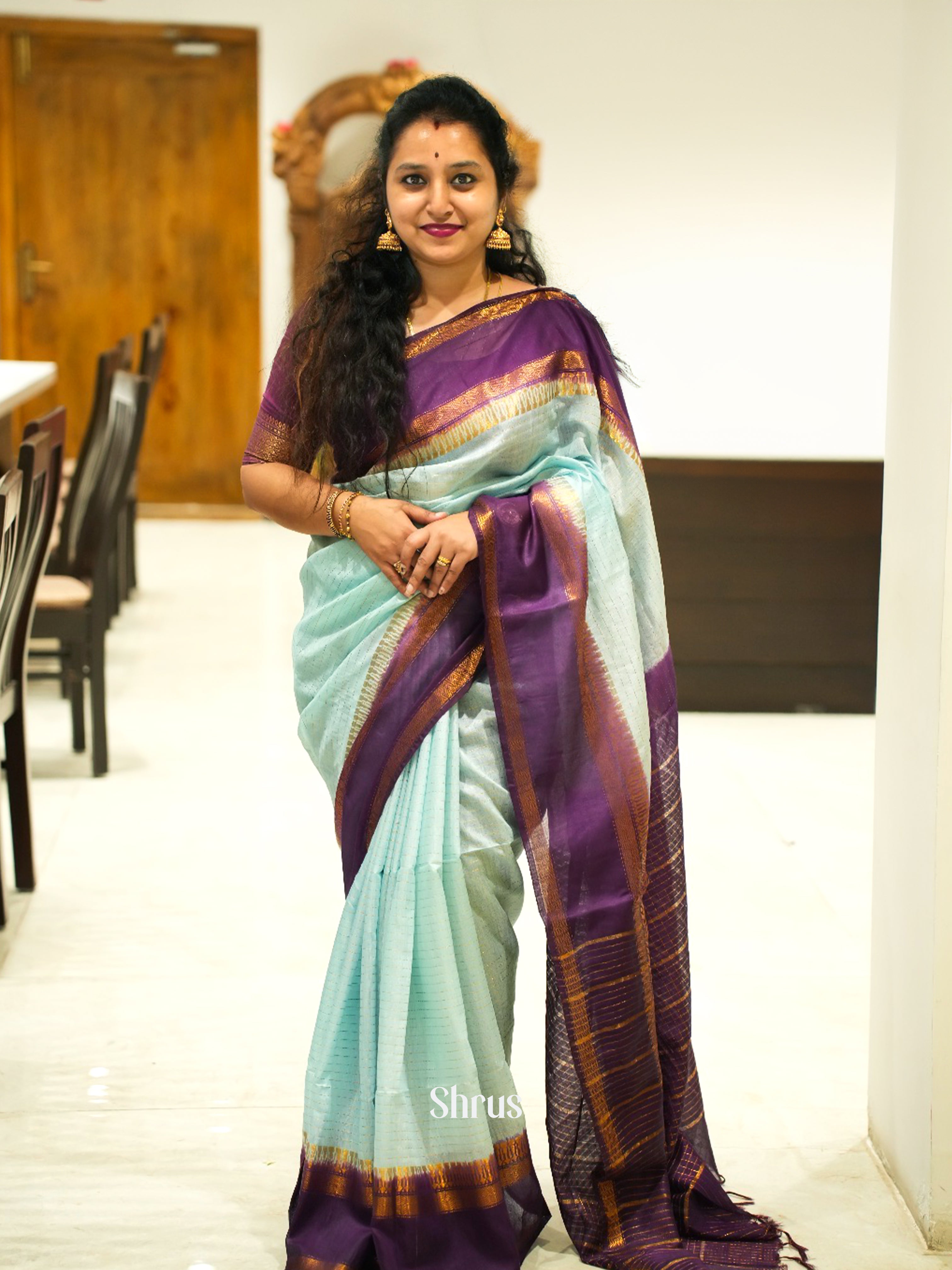 Blue & Purple - Semi Tussar Saree - Shop on ShrusEternity.com
