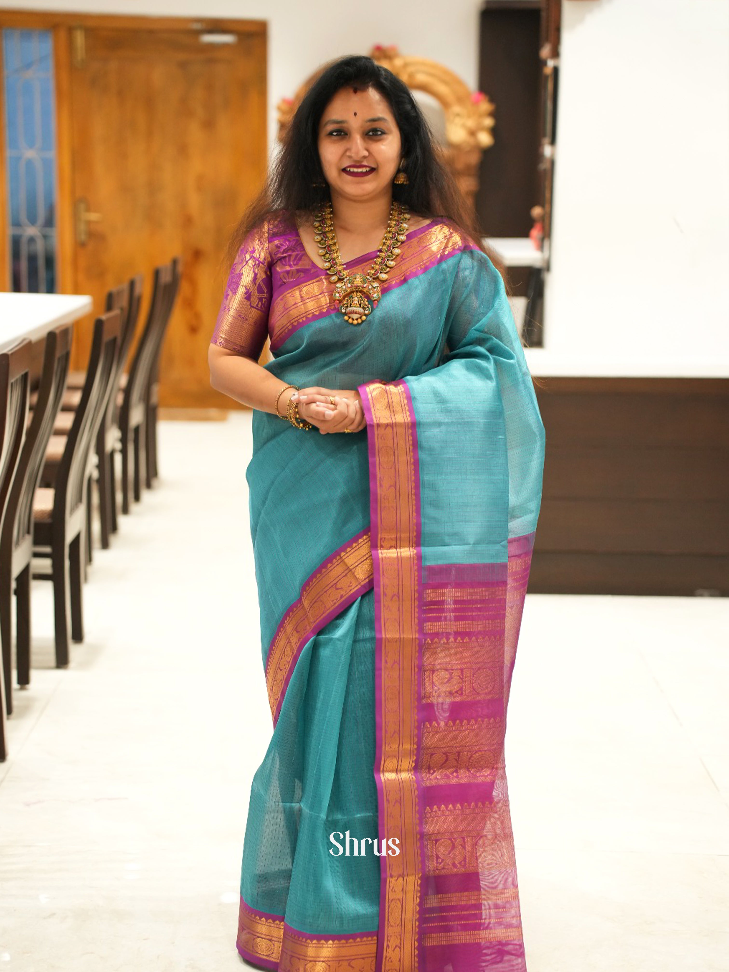 Blue & Purple - Silk Cotton Saree - Shop on ShrusEternity.com