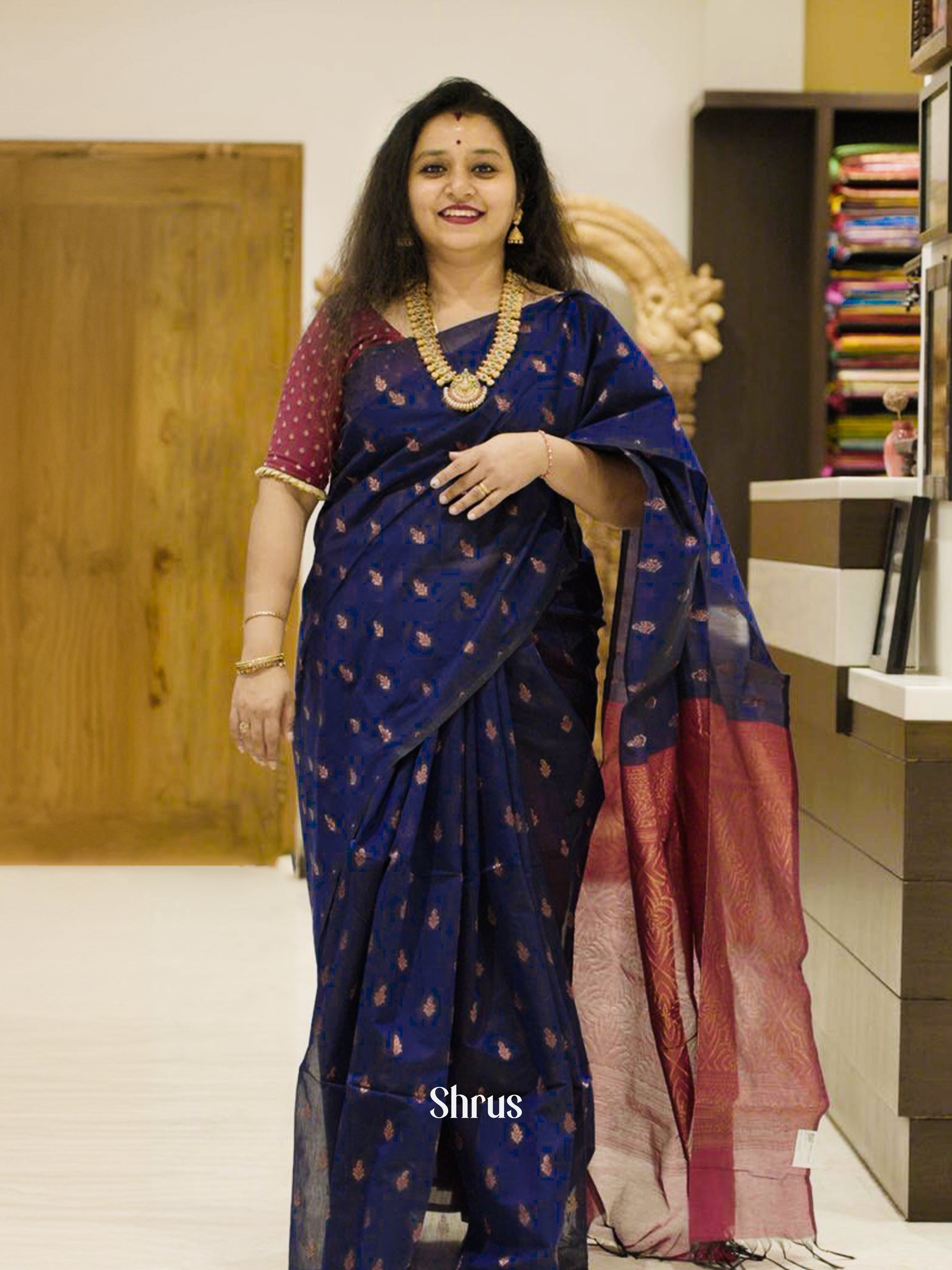 Blue And Pink-Semi Silk Cotton Saree - Shop on ShrusEternity.com