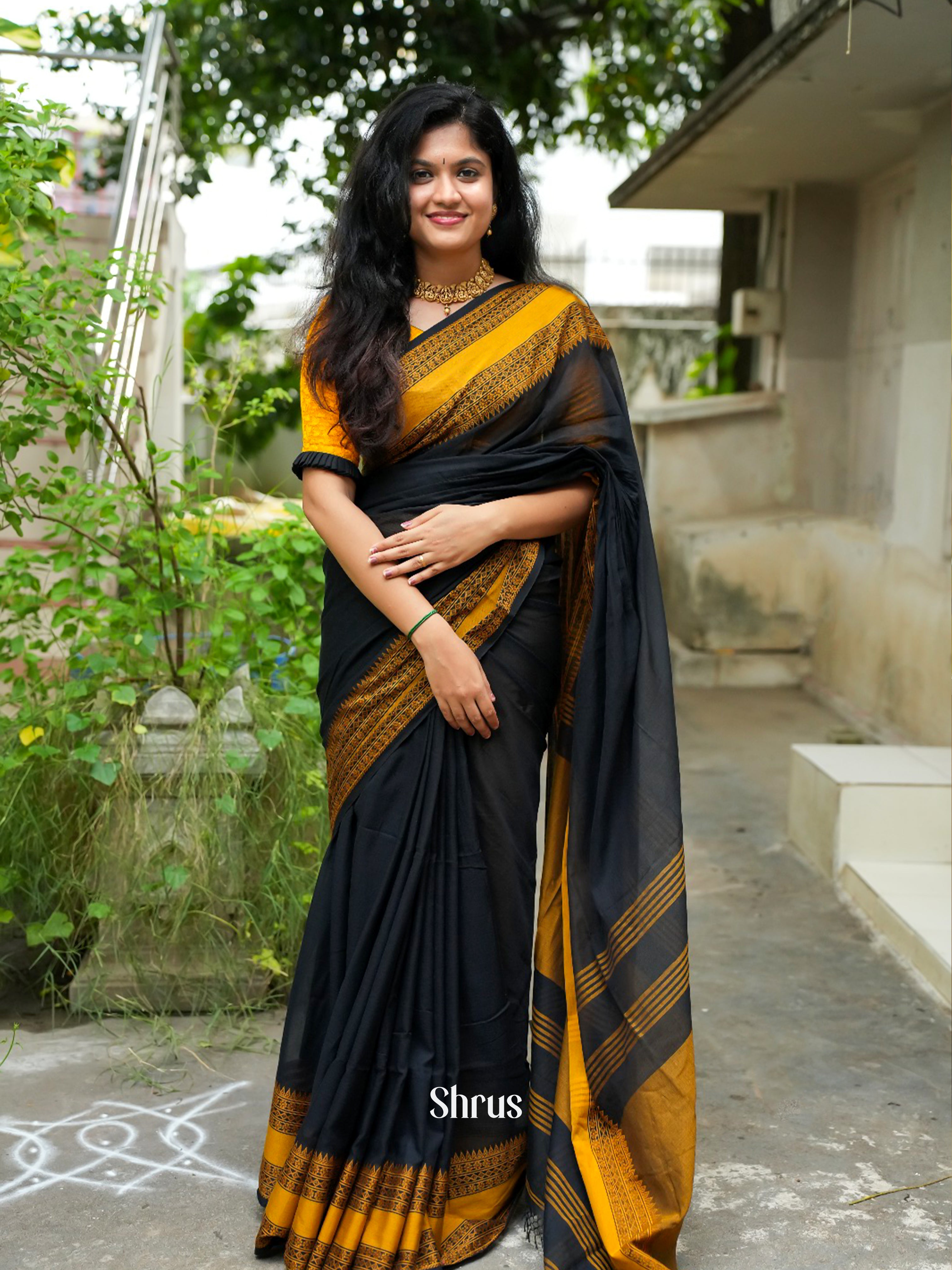 Black & Mustard - Bengal cotton Saree - Shop on ShrusEternity.com