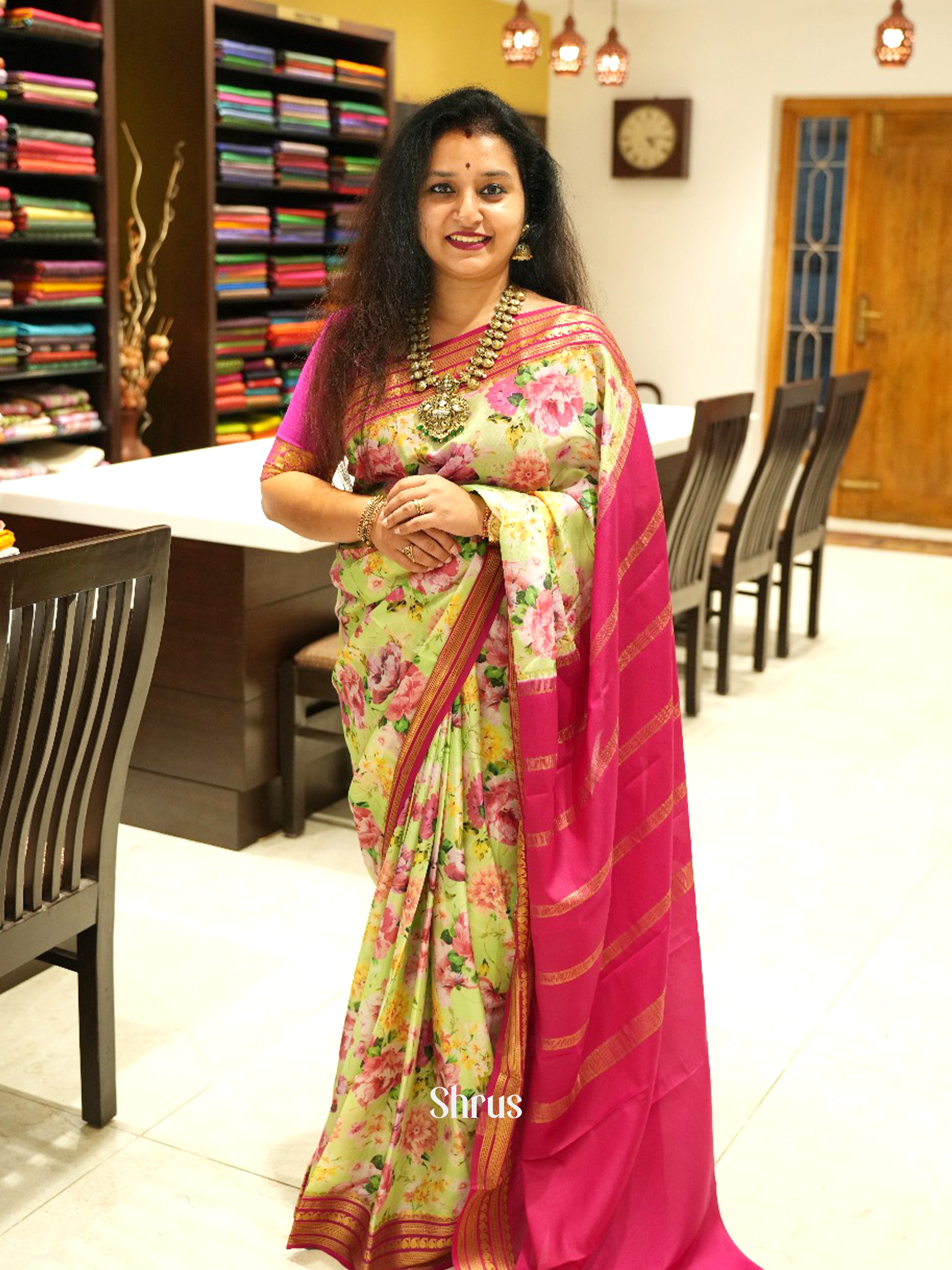 Green And Pink- Mysore Silk Saree - Shop on ShrusEternity.com