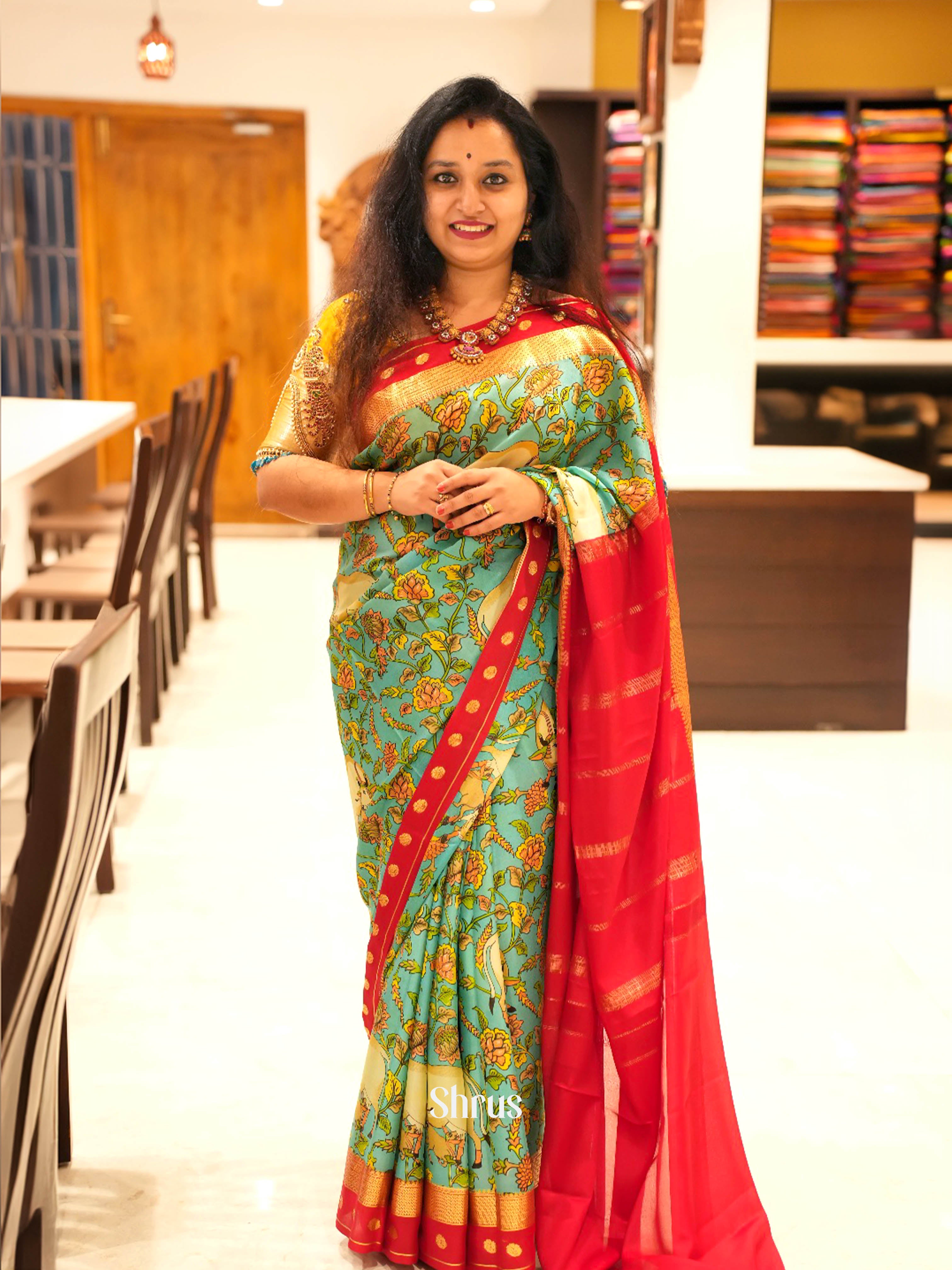 Teal Green & Red - Mysore silk Saree - Shop on ShrusEternity.com