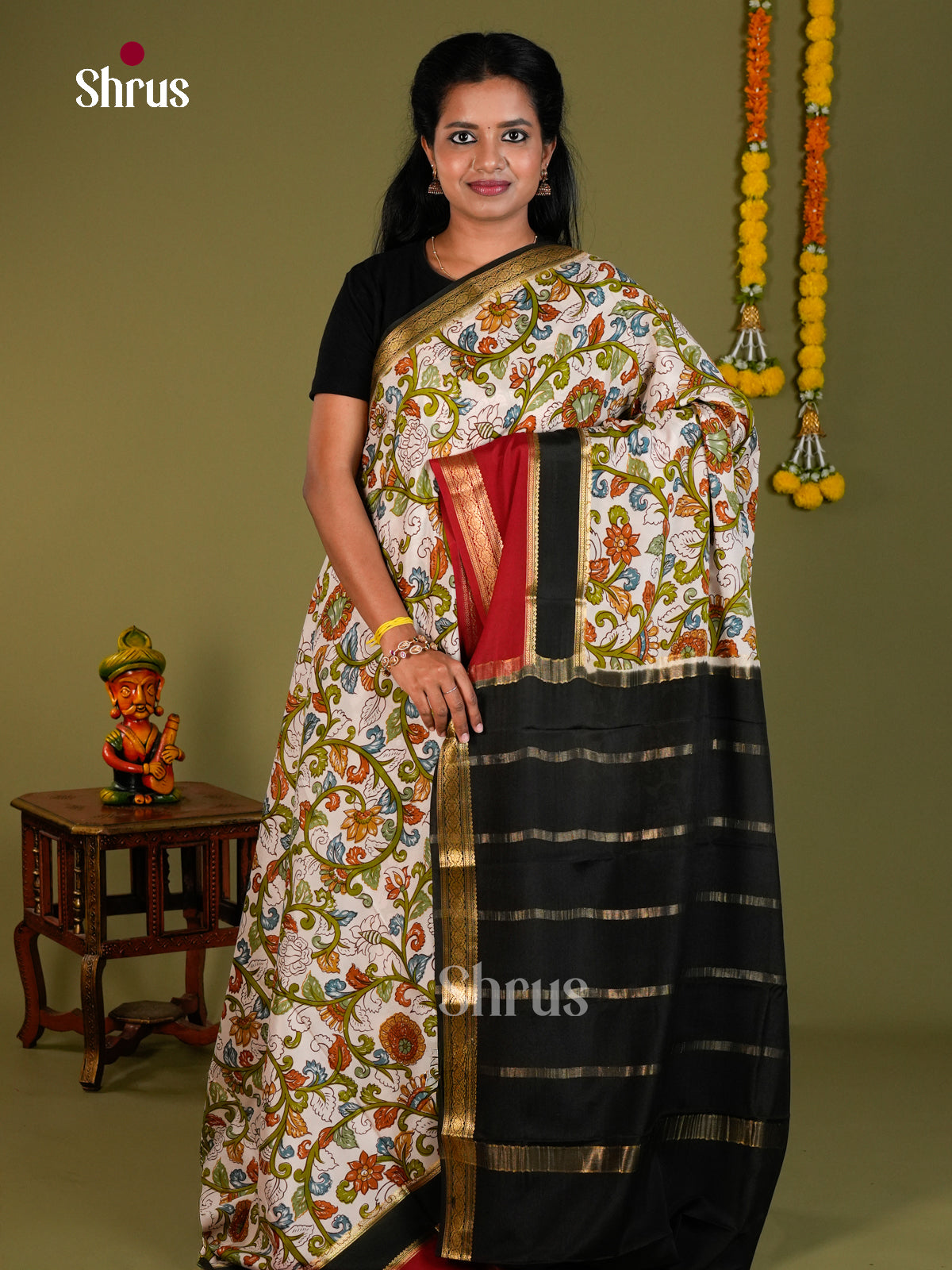 Buy Regal White Mysore Silk Saree Printed with Kalamkari Style Floral Patterns & Black Zari Pallu
