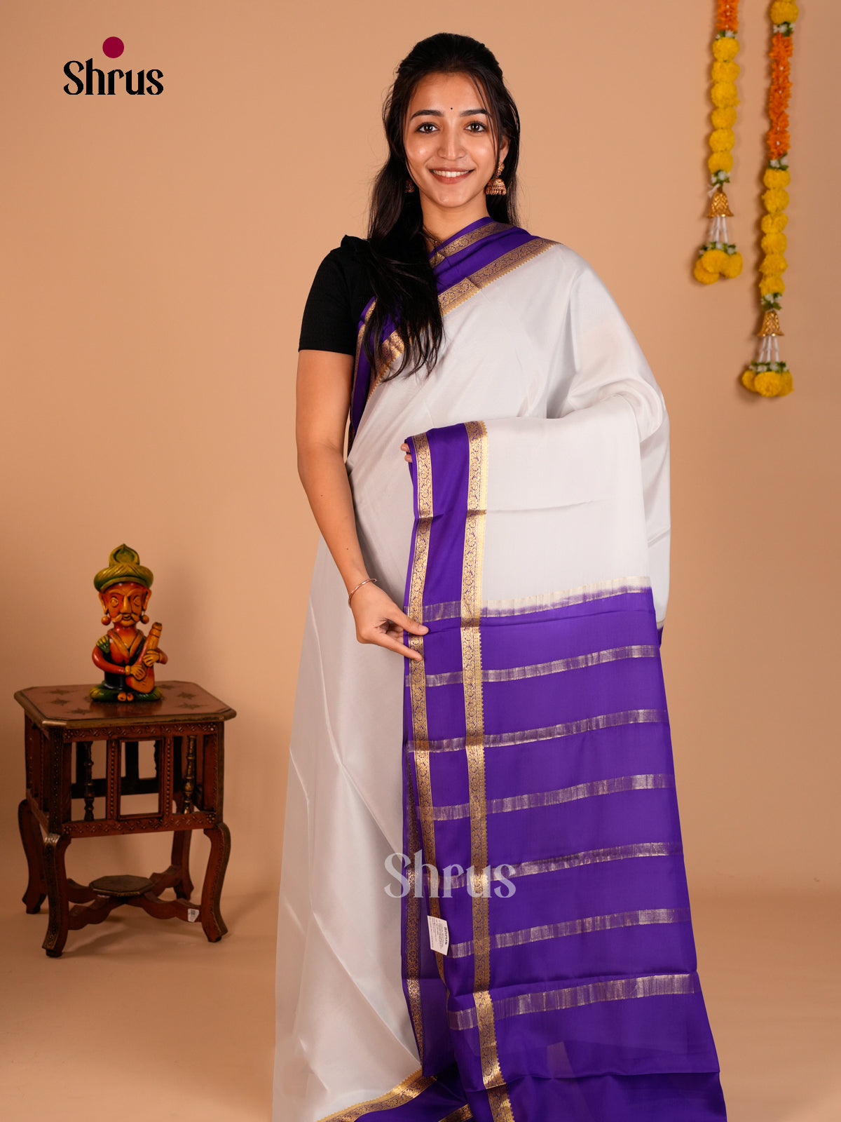 Buy Elegant White Mysore Silk Saree With Broad Violet Rettaipet Zari Border & Chit Pallu