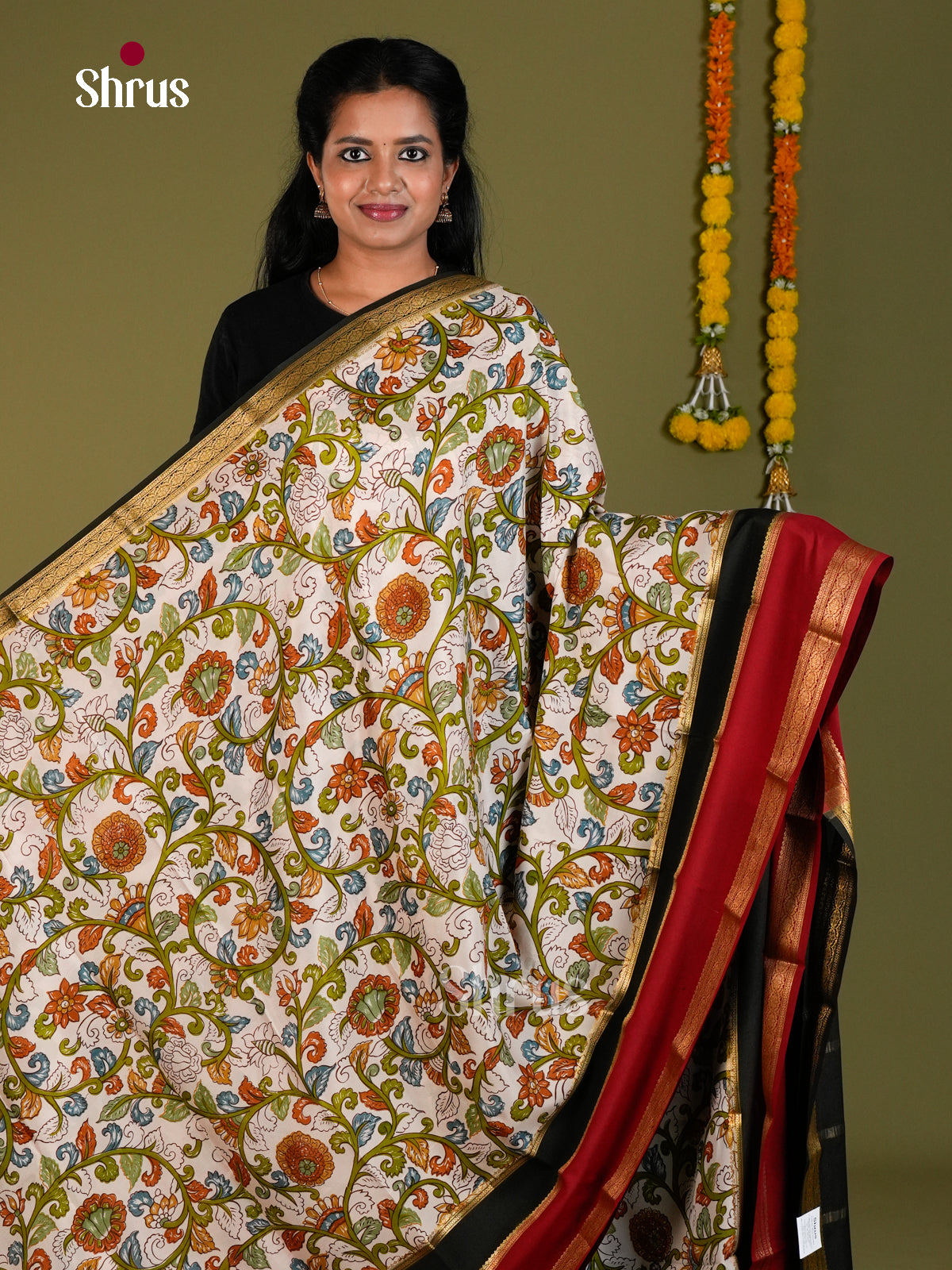Buy Regal White Mysore Silk Sarees Printed with Kalamkari Style Floral Patterns & Black Zari Pallu