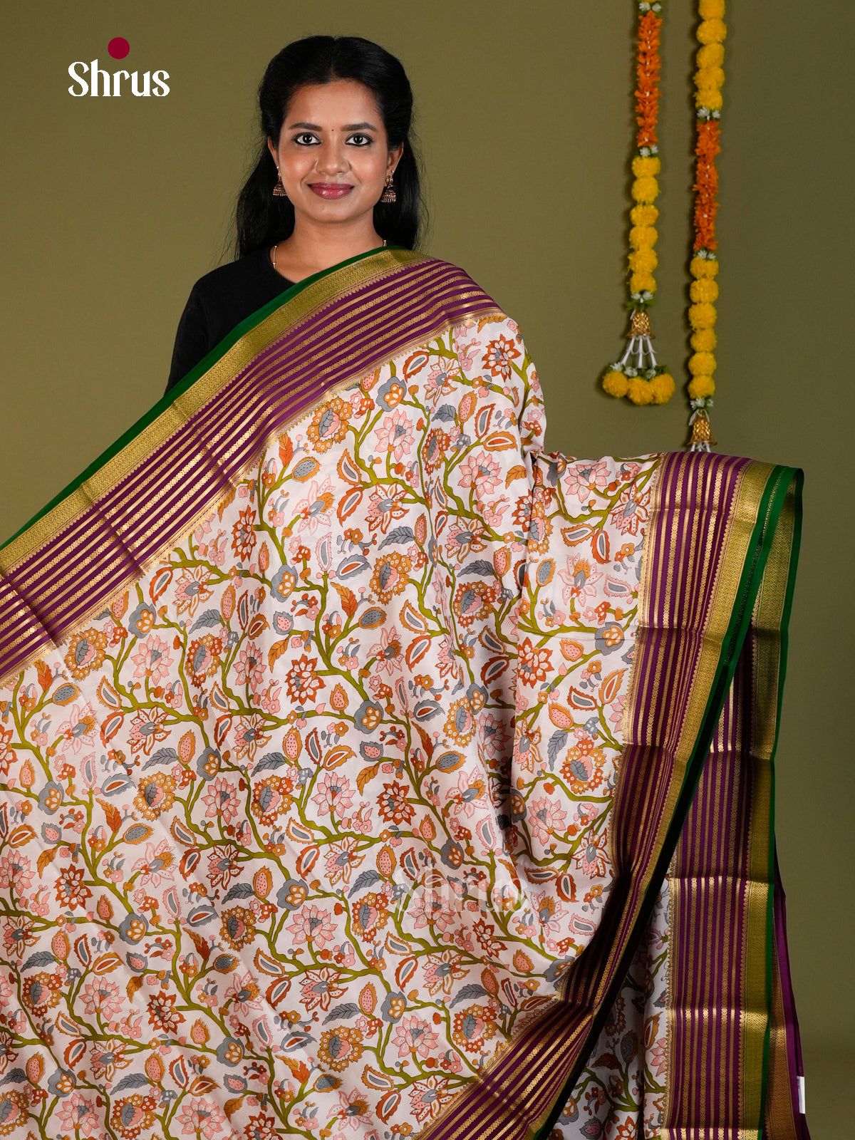Buy Chic White Mysore Silk Sarees with Kalamkari Print, Broad Violet Border With Zari Stripes & Chit Pallu